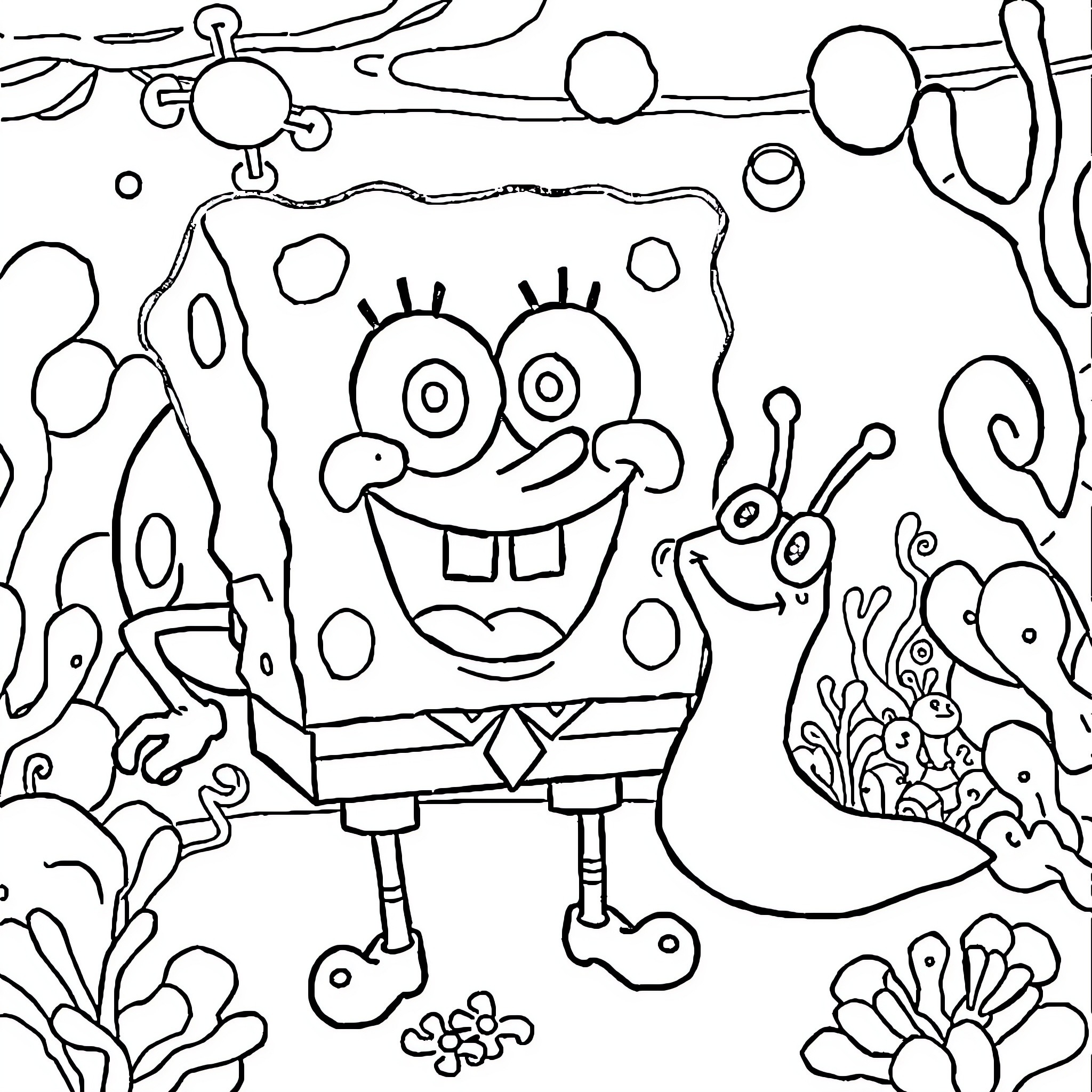 Spongebob and his underwater friends explore the sea Coloring Page (free black-and-white line drawing printable PDF for all, from beginners to advanced learners, including children, teens, adults, and seniors)