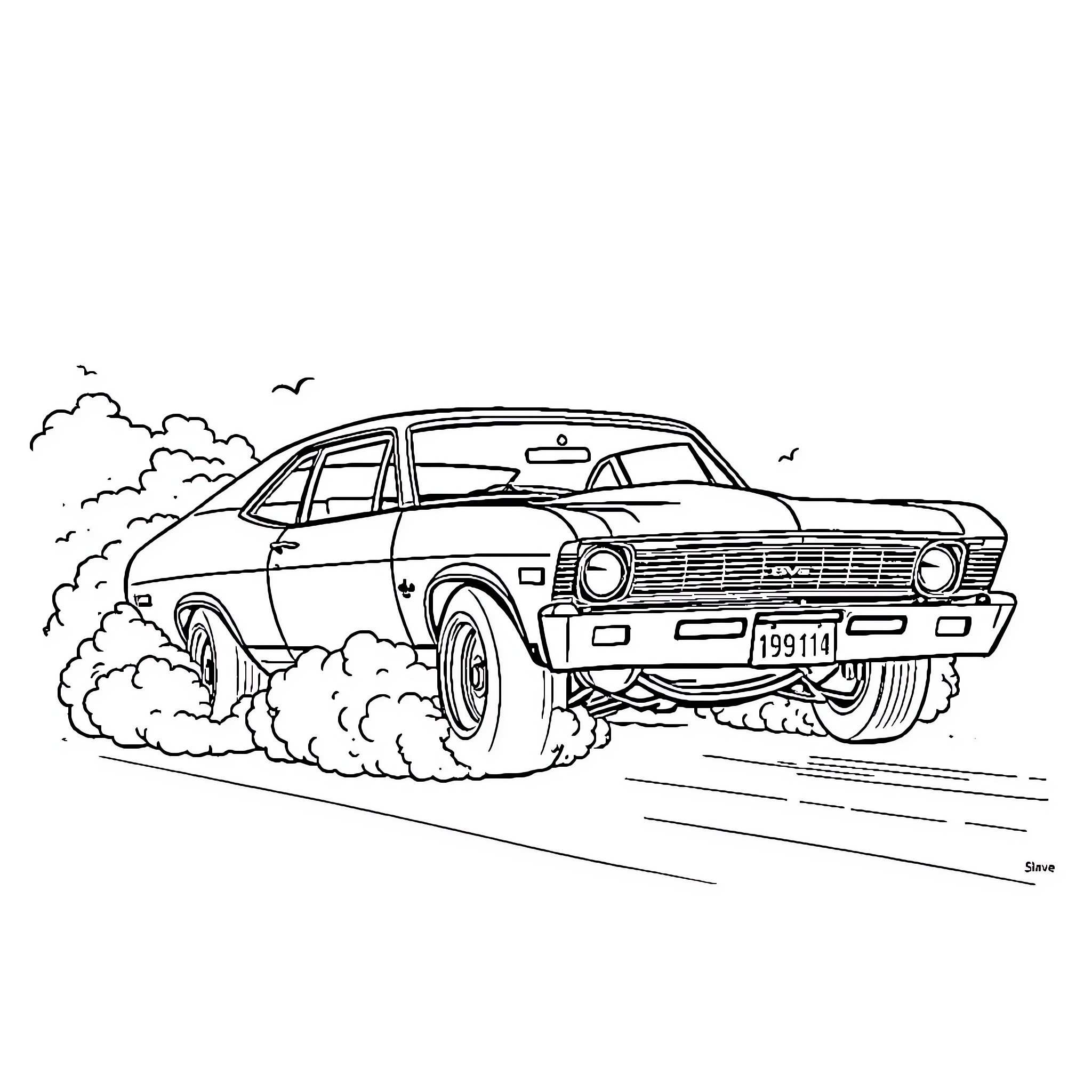 Chevy Nova speeding down the road Coloring Page (free black-and-white line drawing printable PDF for all, from beginners to advanced learners, including children, teens, adults, and seniors)
