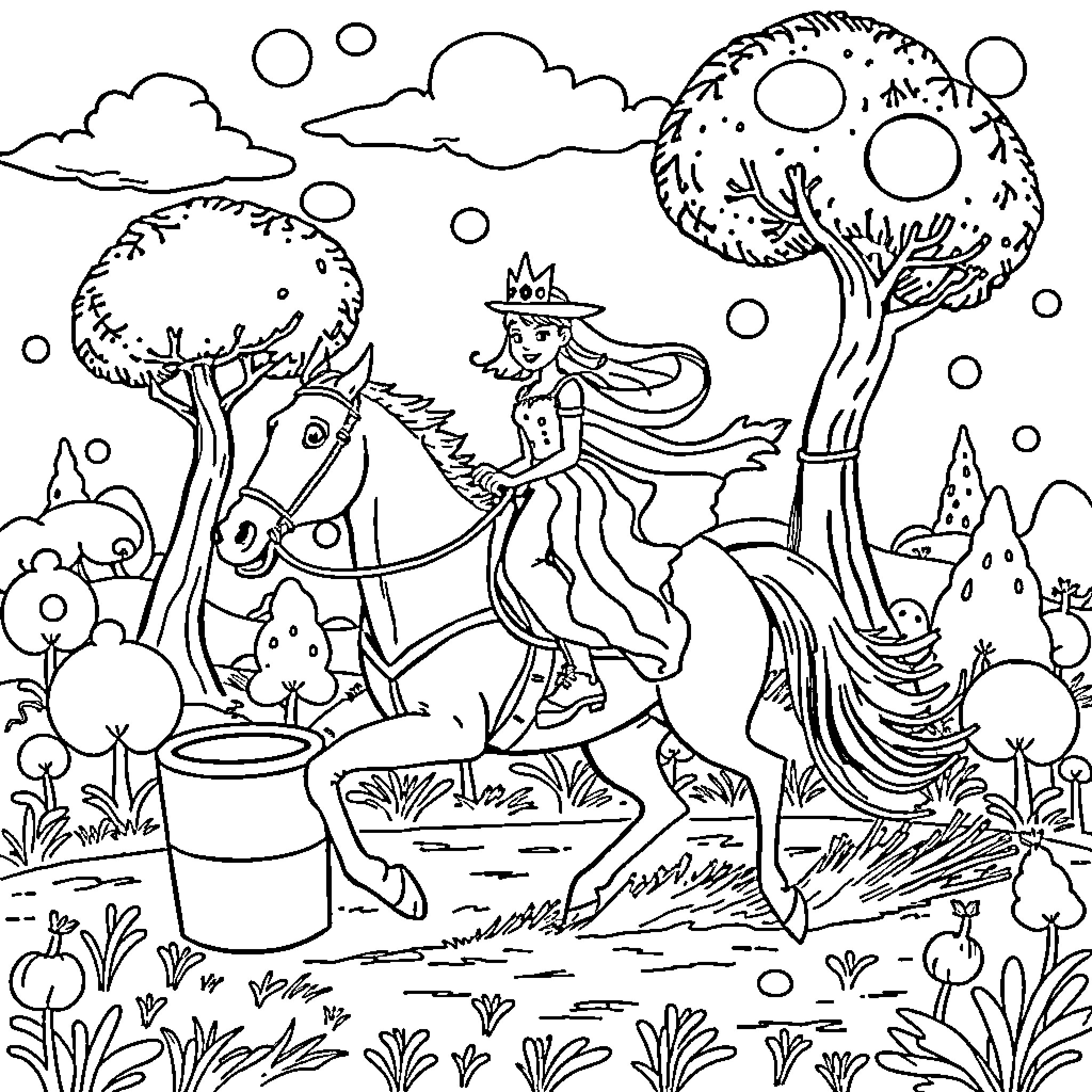 Princess riding horse through enchanted forest Coloring Page (free black-and-white line drawing printable PDF for all, from beginners to advanced learners, including children, teens, adults, and seniors)