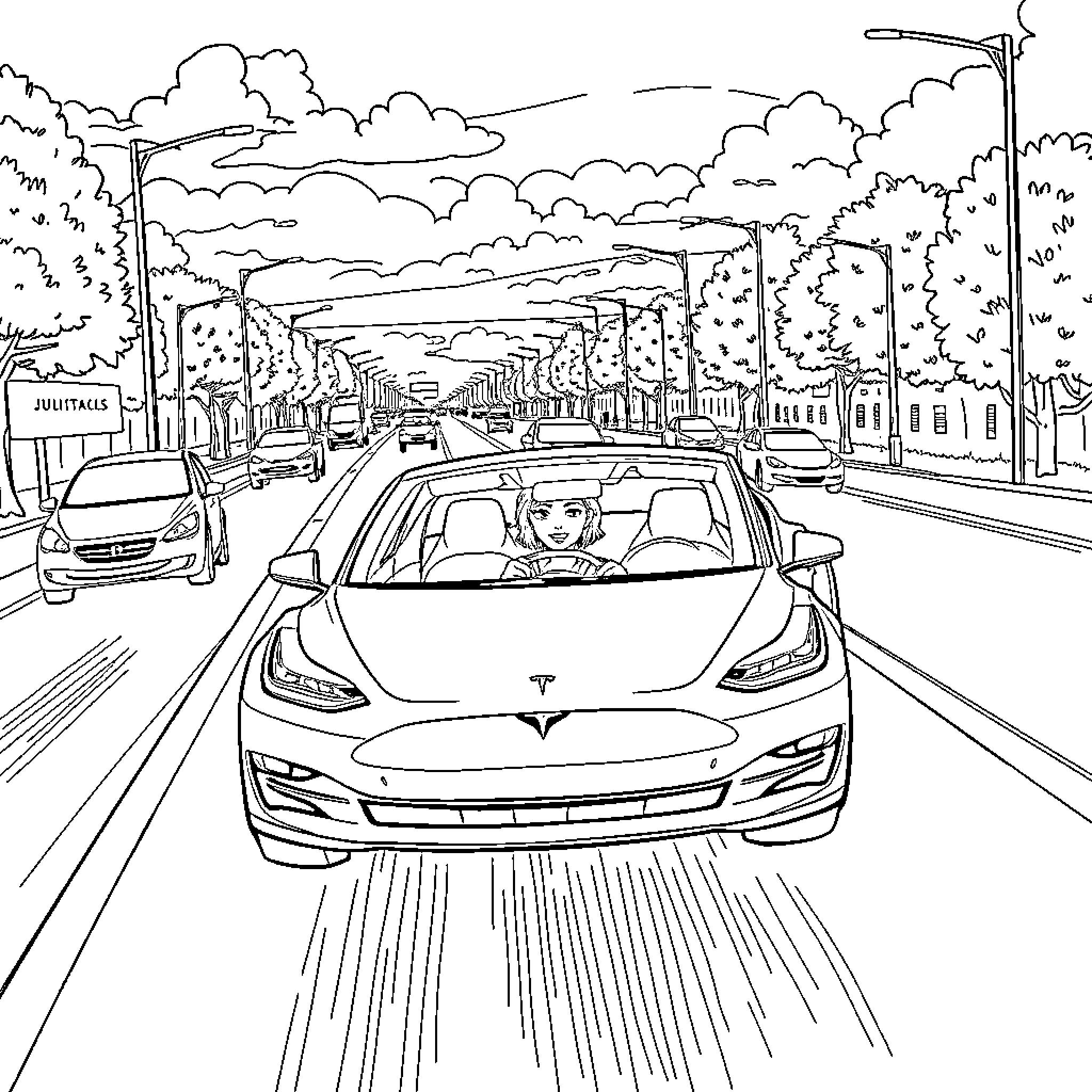 Lady driving electric car on city street Coloring Page (free black-and-white line drawing printable PDF for all, from beginners to advanced learners, including children, teens, adults, and seniors)
