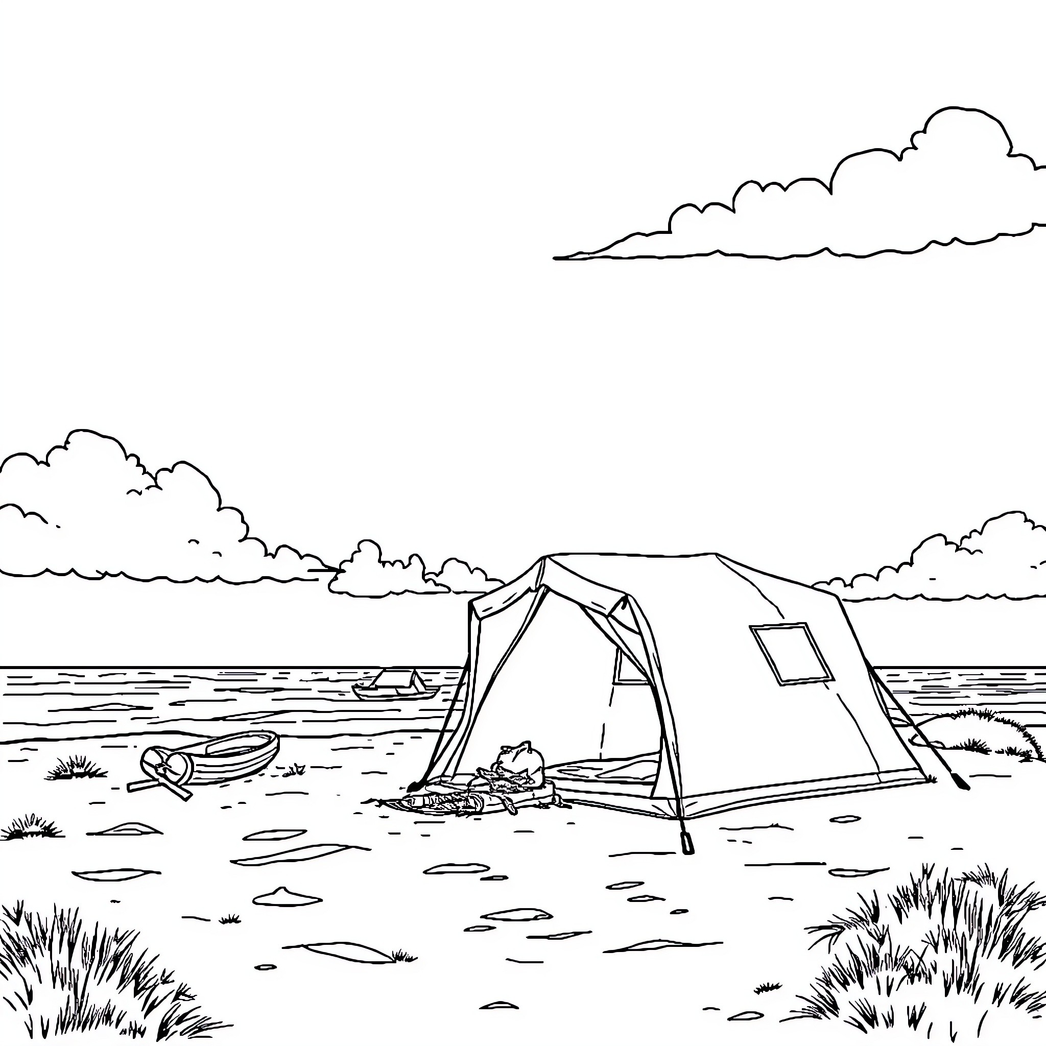 Camping by the serene lakeside with a tent Coloring Page (free black-and-white line drawing printable PDF for all, from beginners to advanced learners, including children, teens, adults, and seniors)