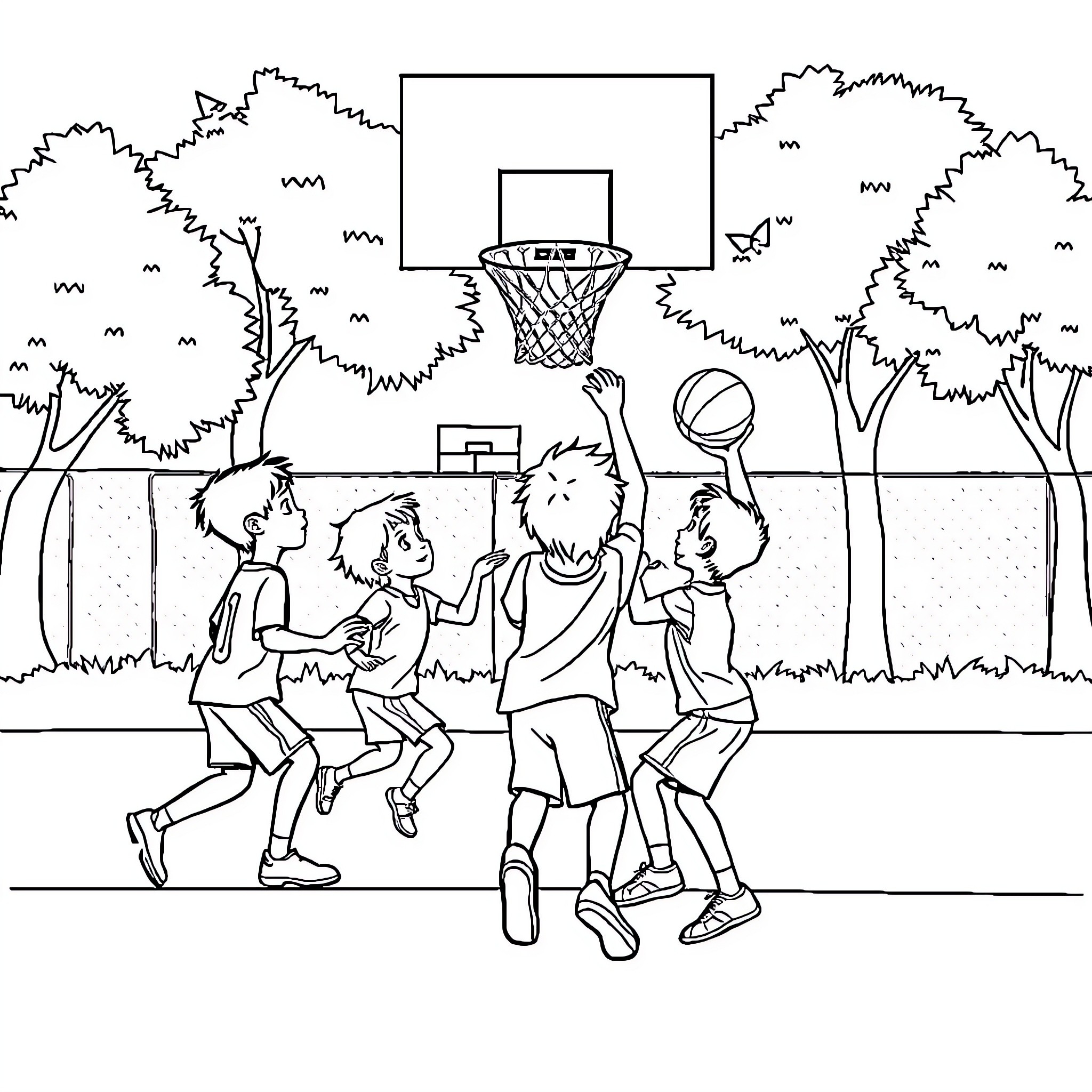 Basketball players enjoying an outdoor game Coloring Page (free black-and-white line drawing printable PDF for all, from beginners to advanced learners, including children, teens, adults, and seniors)