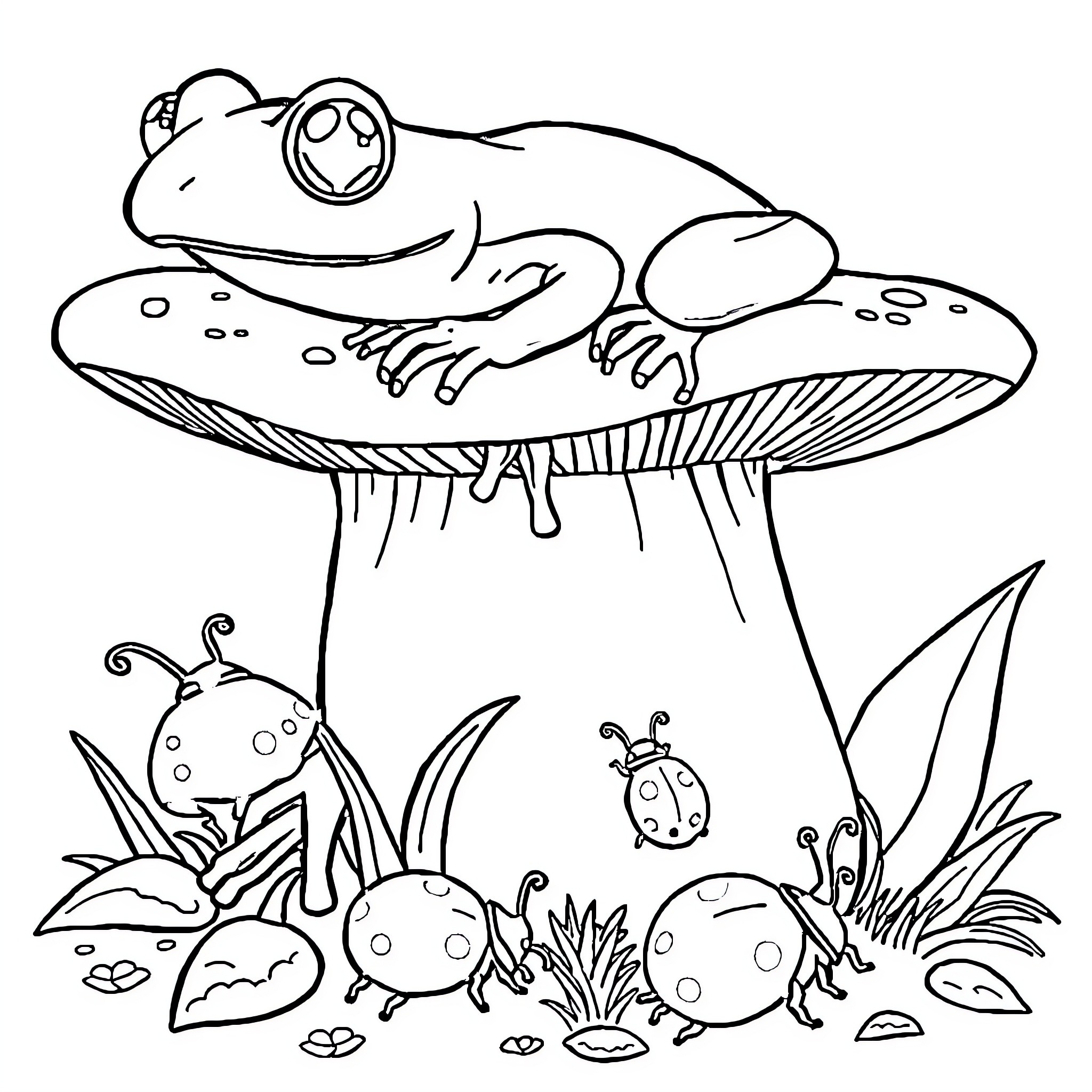 Frog resting on a mushroom with forest friends Coloring Page (free black-and-white line drawing printable PDF for all, from beginners to advanced learners, including children, teens, adults, and seniors)