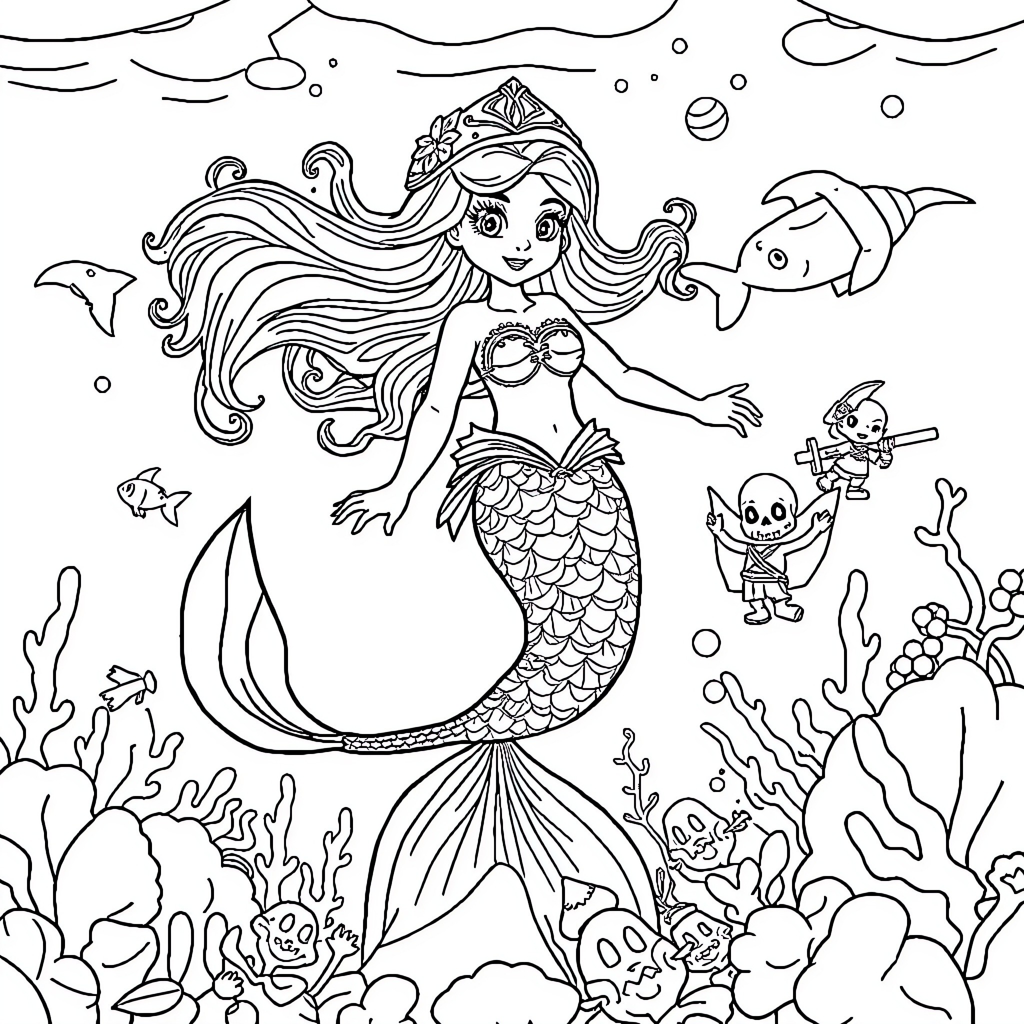 Adley's Magical Underwater Adventure Coloring Page (free black-and-white line drawing printable PDF for all, from beginners to advanced learners, including children, teens, adults, and seniors)