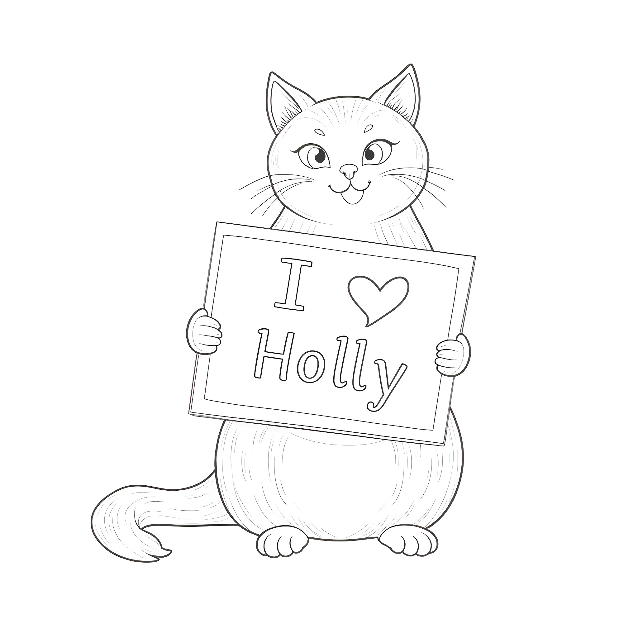 Tabby Cat Holding a Sign with Love for Holly Coloring Page (free black-and-white line drawing printable PDF for all, from beginners to advanced learners, including children, teens, adults, and seniors)