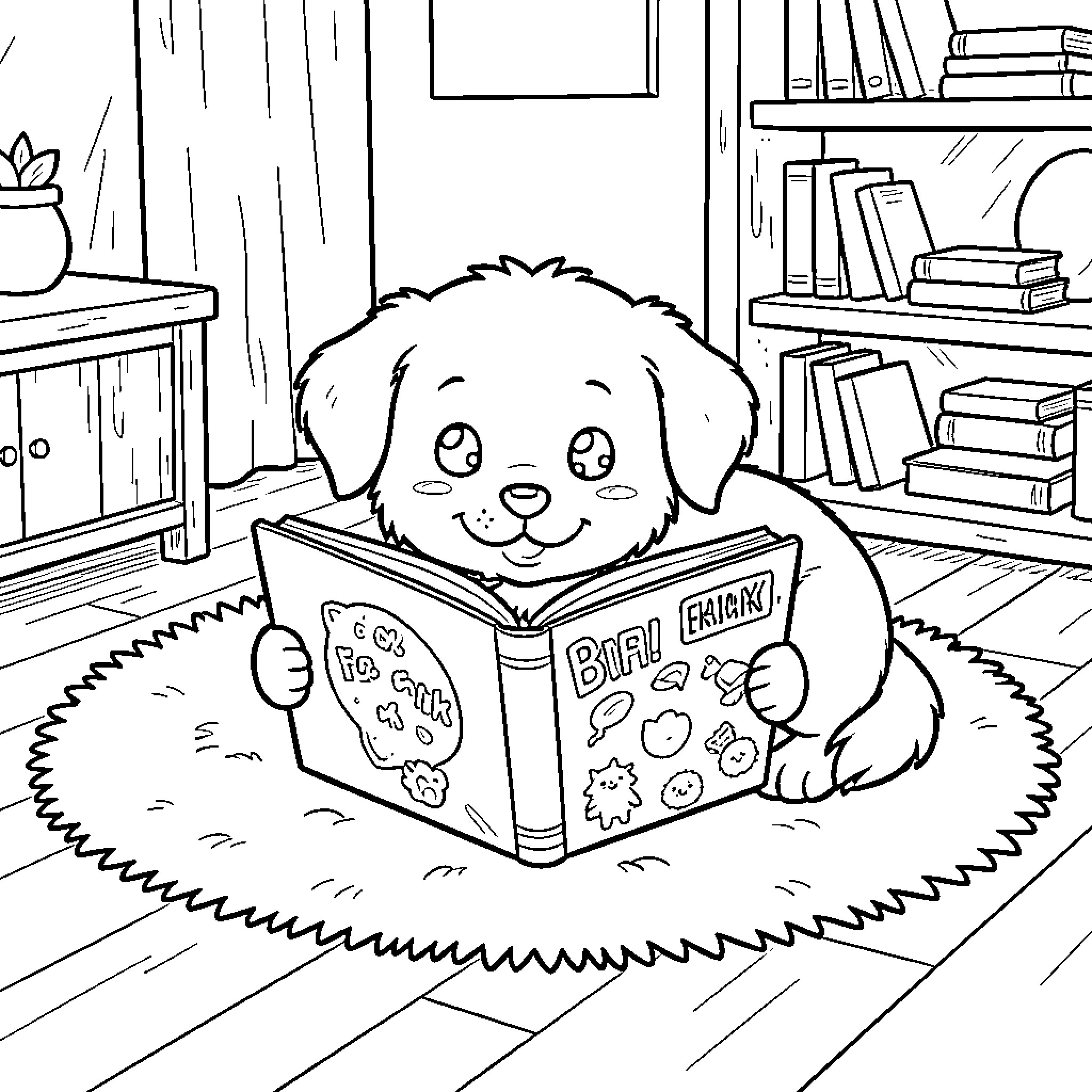 Pet reading book happily in cozy room Coloring Page (free black-and-white line drawing printable PDF for all, from beginners to advanced learners, including children, teens, adults, and seniors)