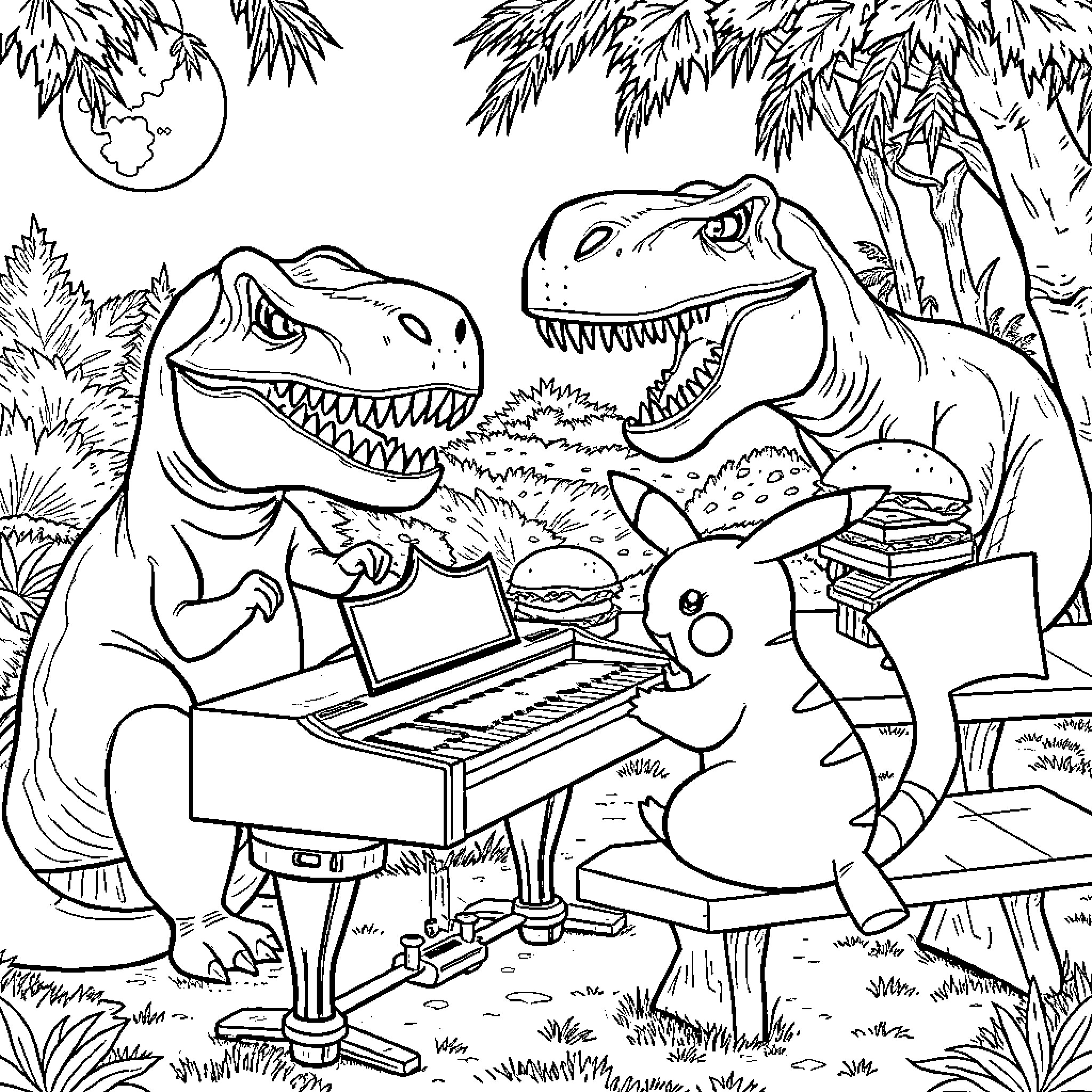 Pikachu and Dinosaurs Playing Music Together Coloring Page (free black-and-white line drawing printable PDF for all, from beginners to advanced learners, including children, teens, adults, and seniors)