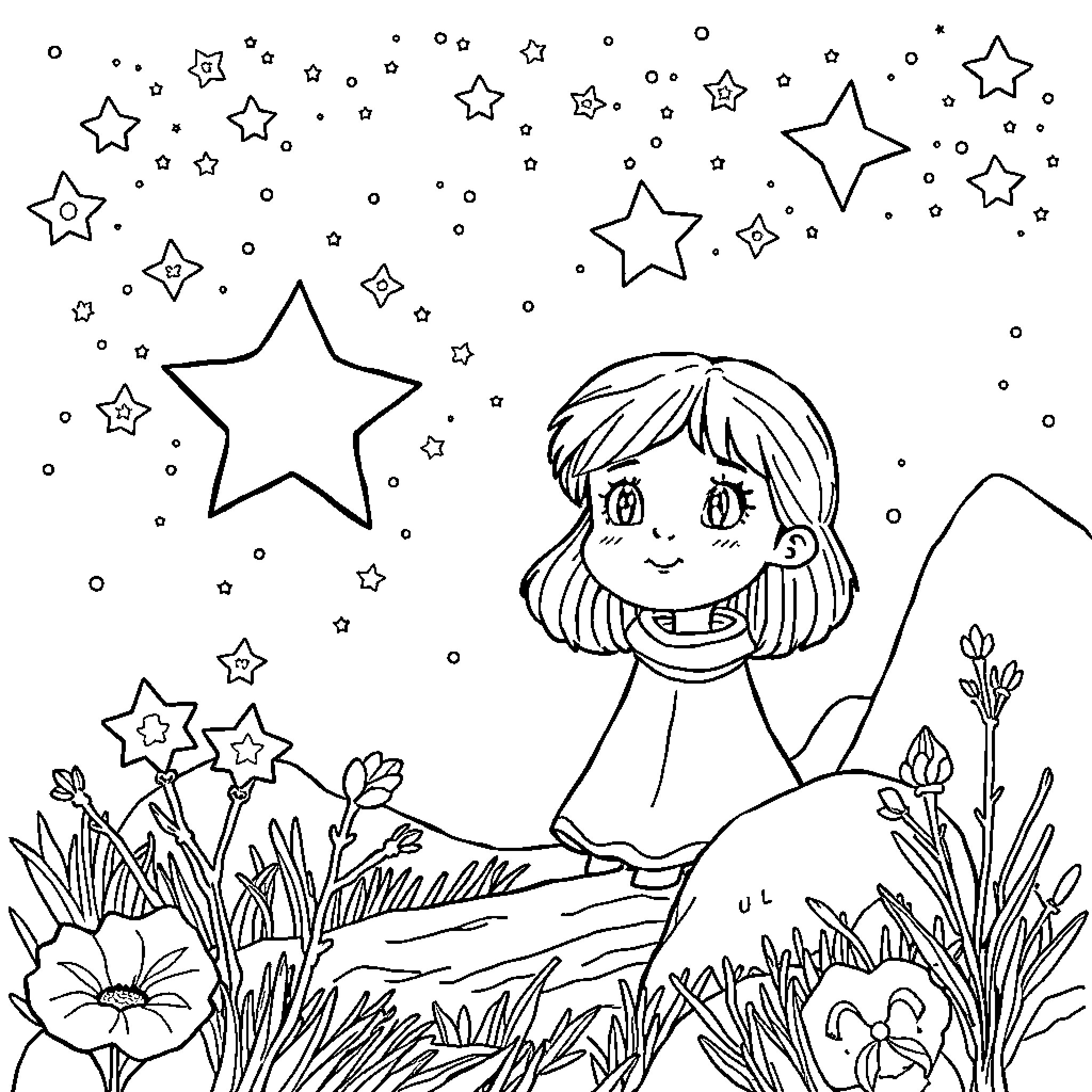 Annemarie's Starry Night Adventure Coloring Page (free black-and-white line drawing printable PDF for all, from beginners to advanced learners, including children, teens, adults, and seniors)