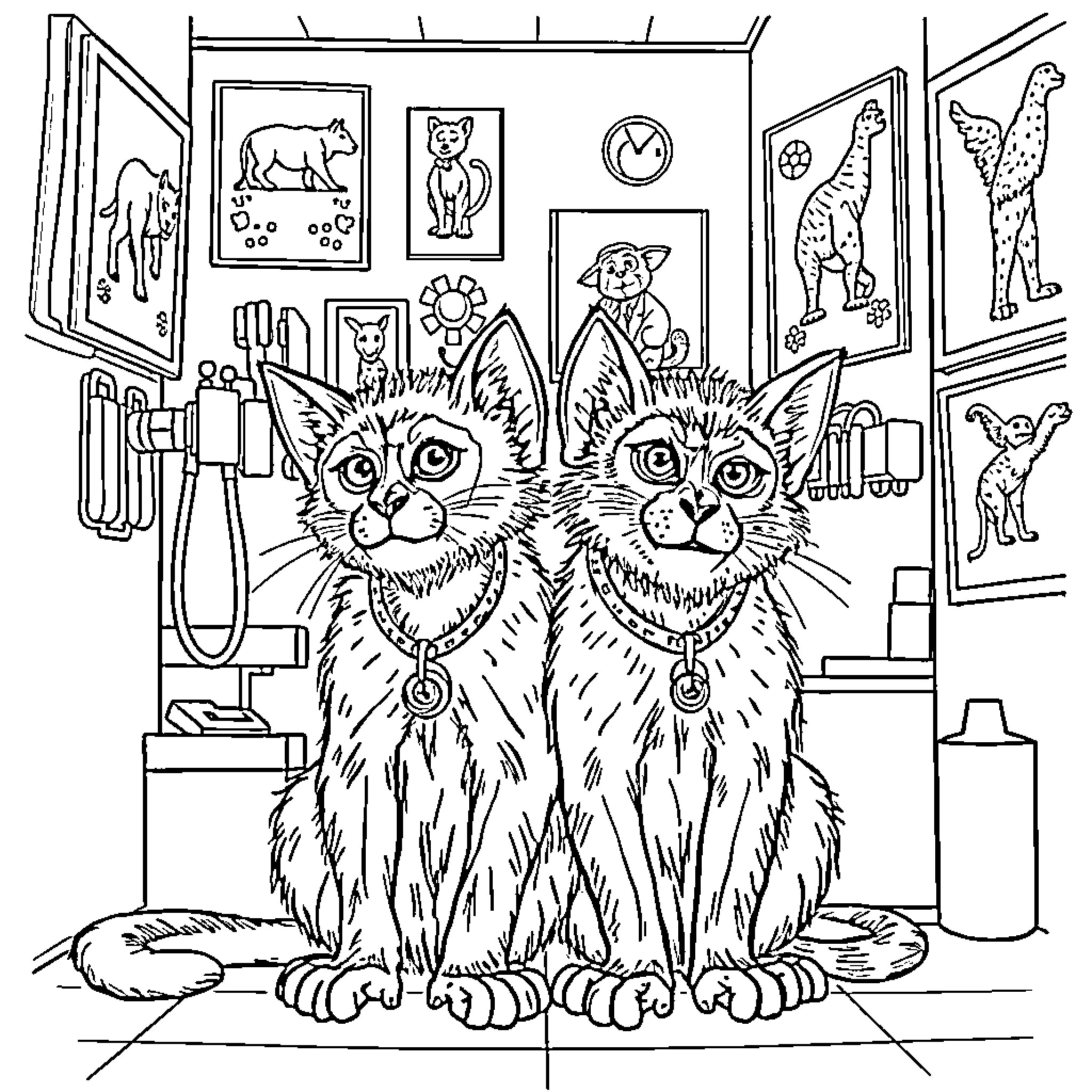 Mutant Monkey Cats Explore the Eccentric Veterinary Clinic Coloring Page (free black-and-white line drawing printable PDF for all, from beginners to advanced learners, including children, teens, adults, and seniors)