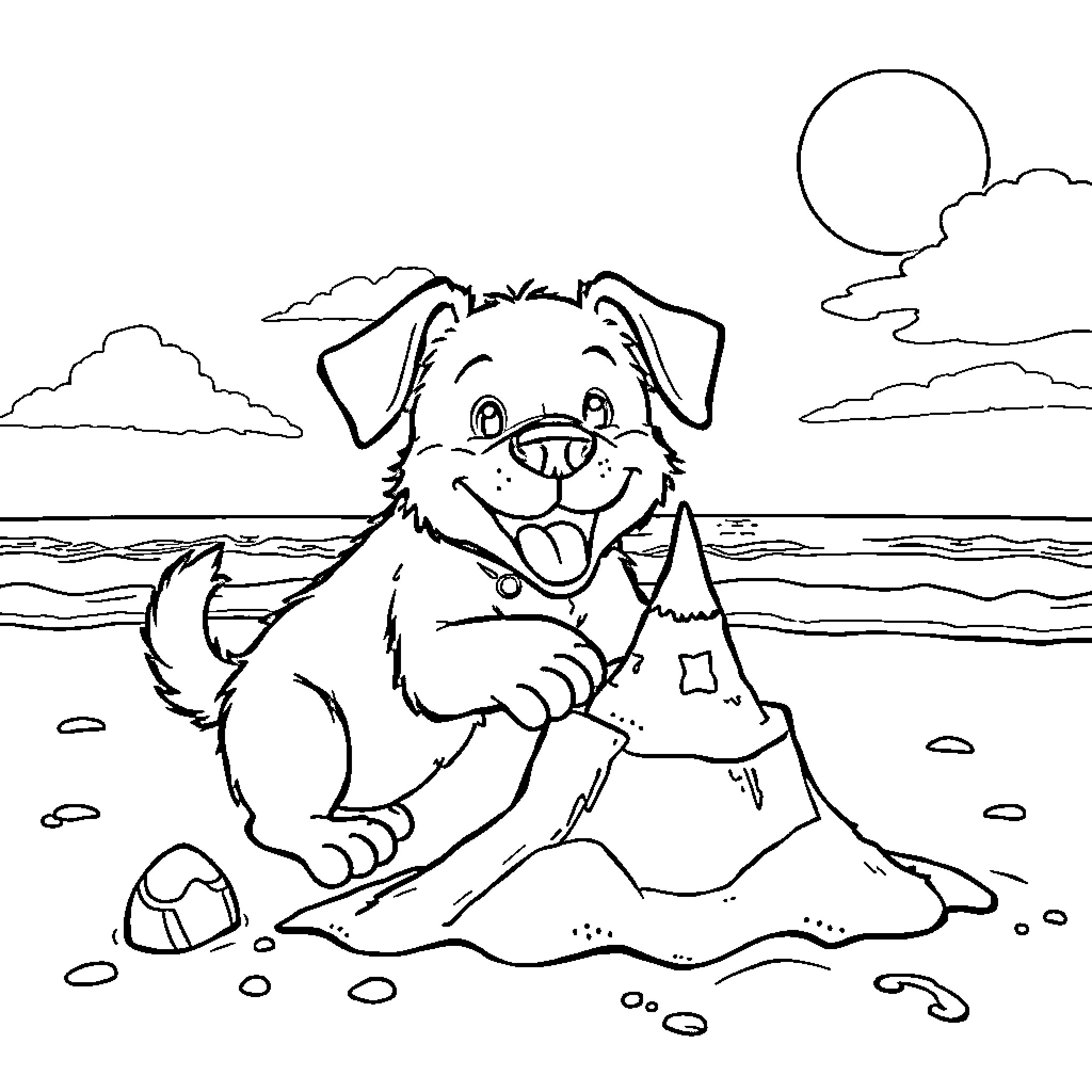 Dog playing happily with a sand castle on the beach Coloring Page (free black-and-white line drawing printable PDF for all, from beginners to advanced learners, including children, teens, adults, and seniors)