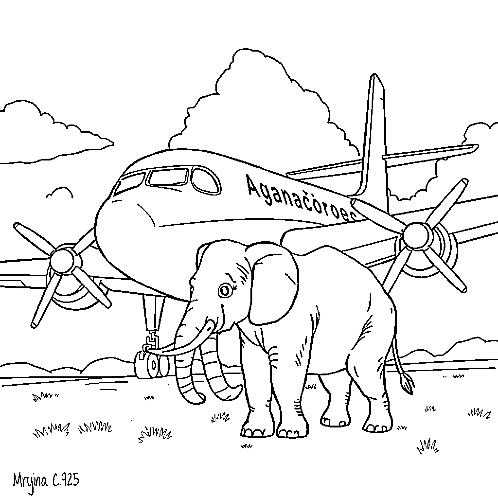 C295 airplane and elephant in airfield scene Coloring Page (free black-and-white line drawing printable PDF for all, from beginners to advanced learners, including children, teens, adults, and seniors)