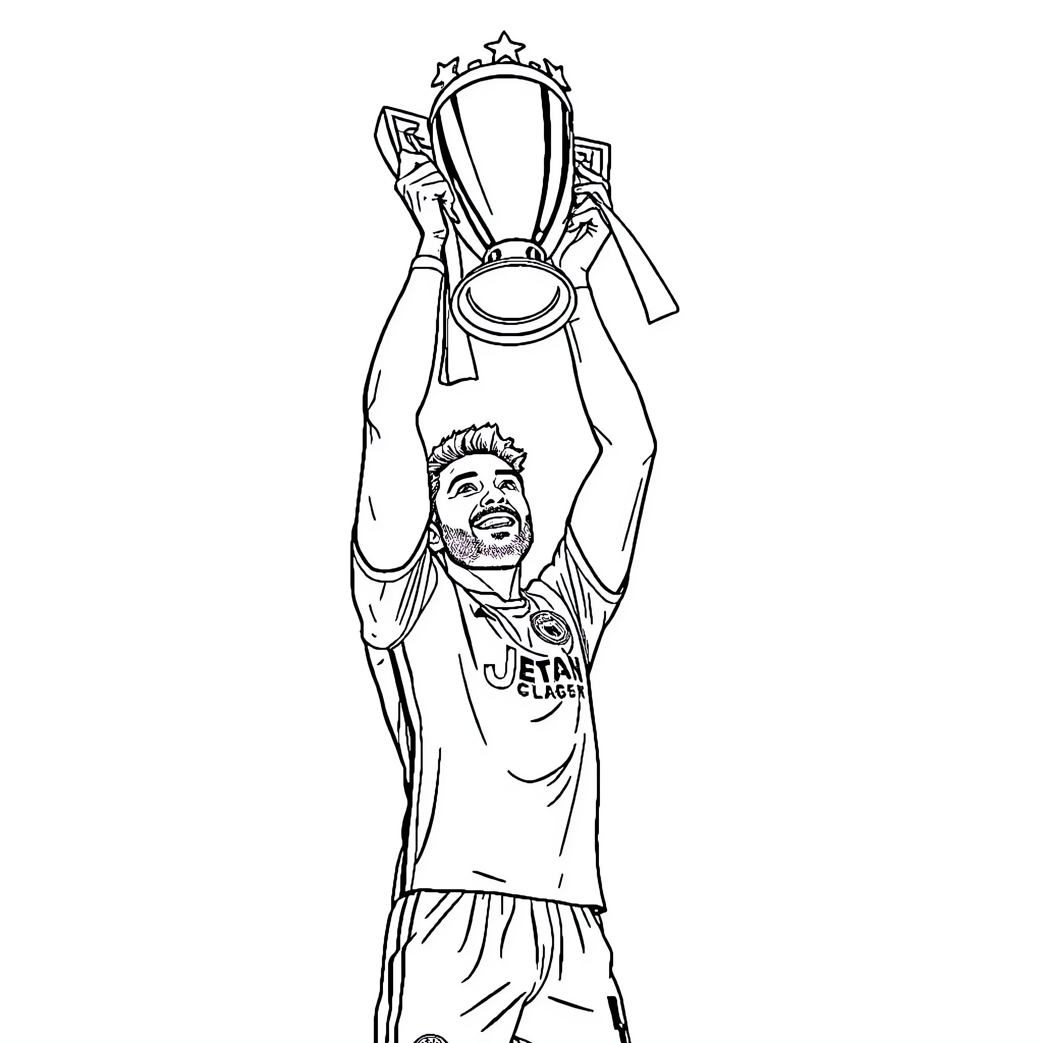 Ruben Amorim celebrating with trophy in the air Coloring Page (free black-and-white line drawing printable PDF for all, from beginners to advanced learners, including children, teens, adults, and seniors)
