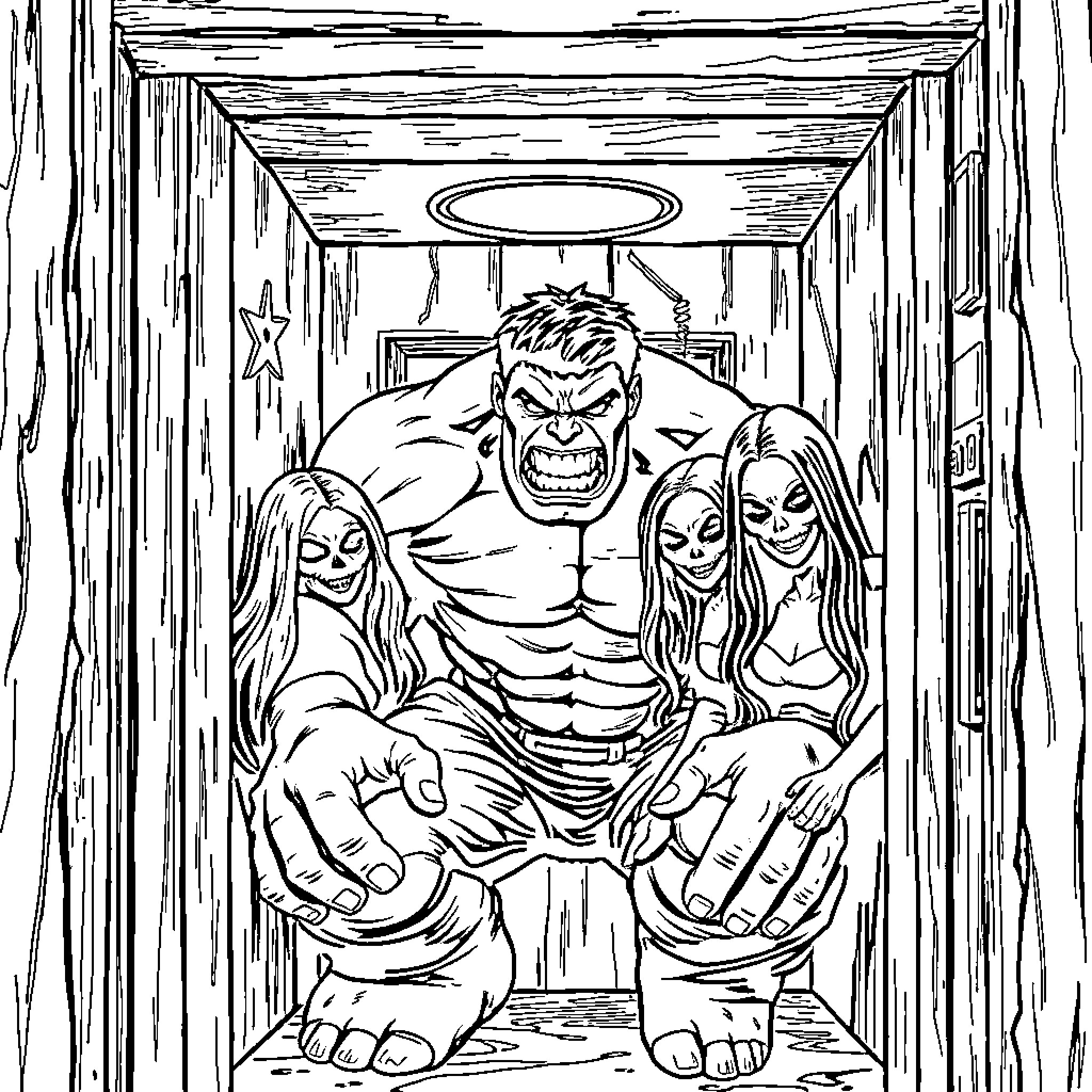 Hulk Smashing through the Hallway Coloring Page (free black-and-white line drawing printable PDF for all, from beginners to advanced learners, including children, teens, adults, and seniors)