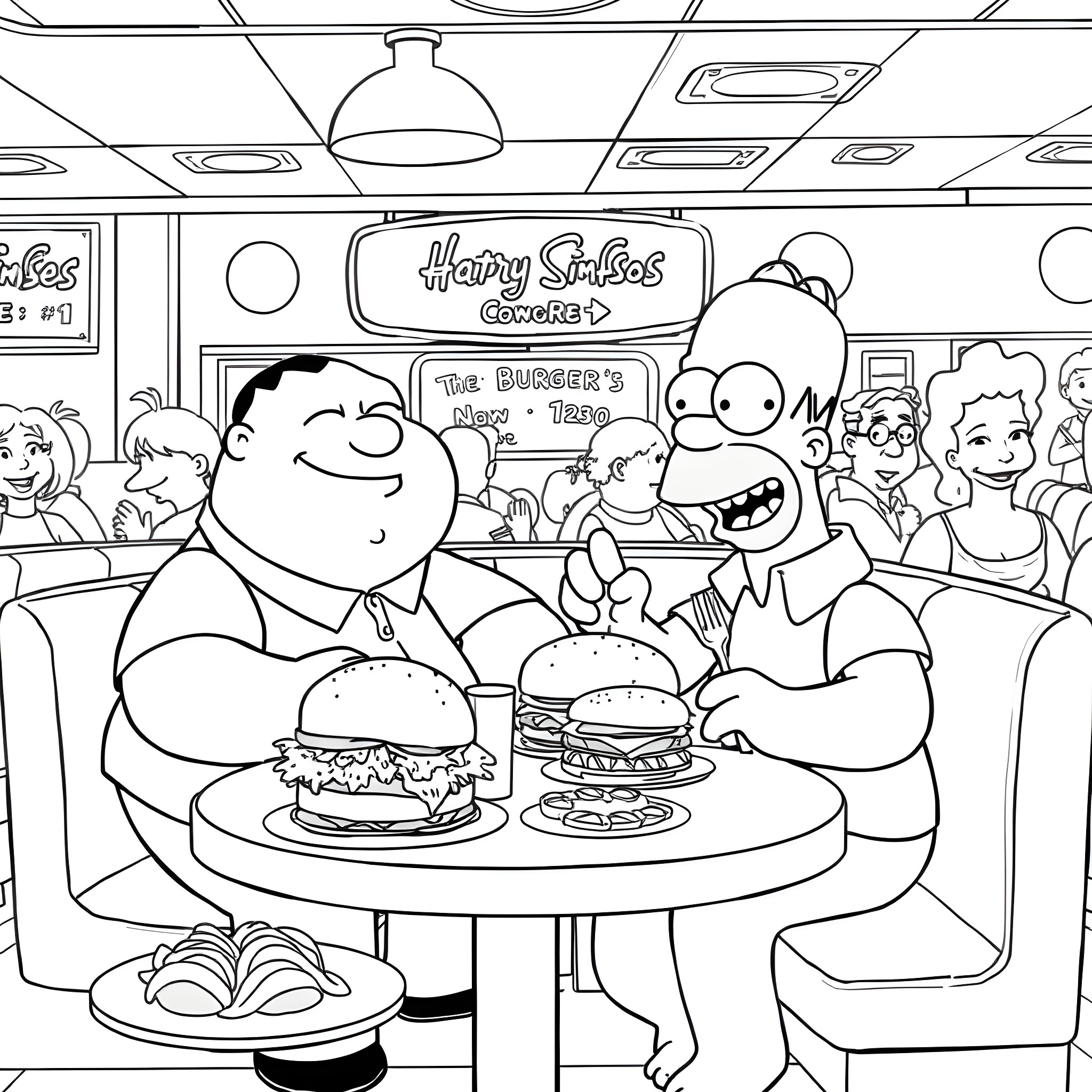 Peter Griffin and Family Enjoying Burgers at the Diner Coloring Page (free black-and-white line drawing printable PDF for all, from beginners to advanced learners, including children, teens, adults, and seniors)