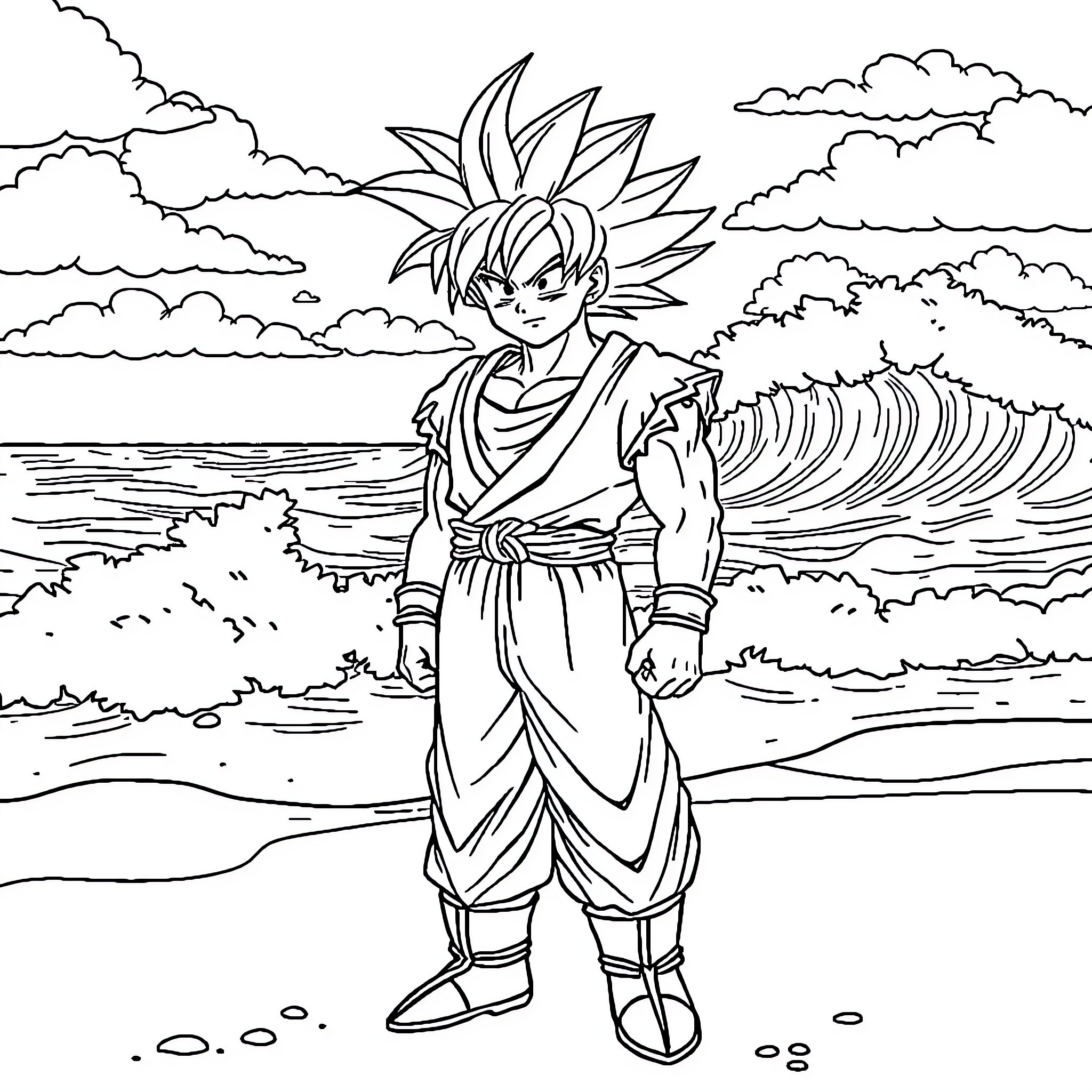 Goku facing a stormy sea in determination Coloring Page (free black-and-white line drawing printable PDF for all, from beginners to advanced learners, including children, teens, adults, and seniors)