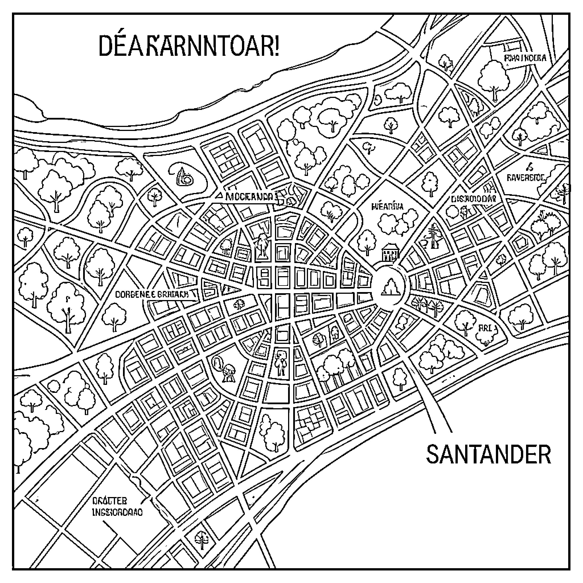 City Map with Detailed Street Layout and Landmarks Coloring Page (free black-and-white line drawing printable PDF for all, from beginners to advanced learners, including children, teens, adults, and seniors)