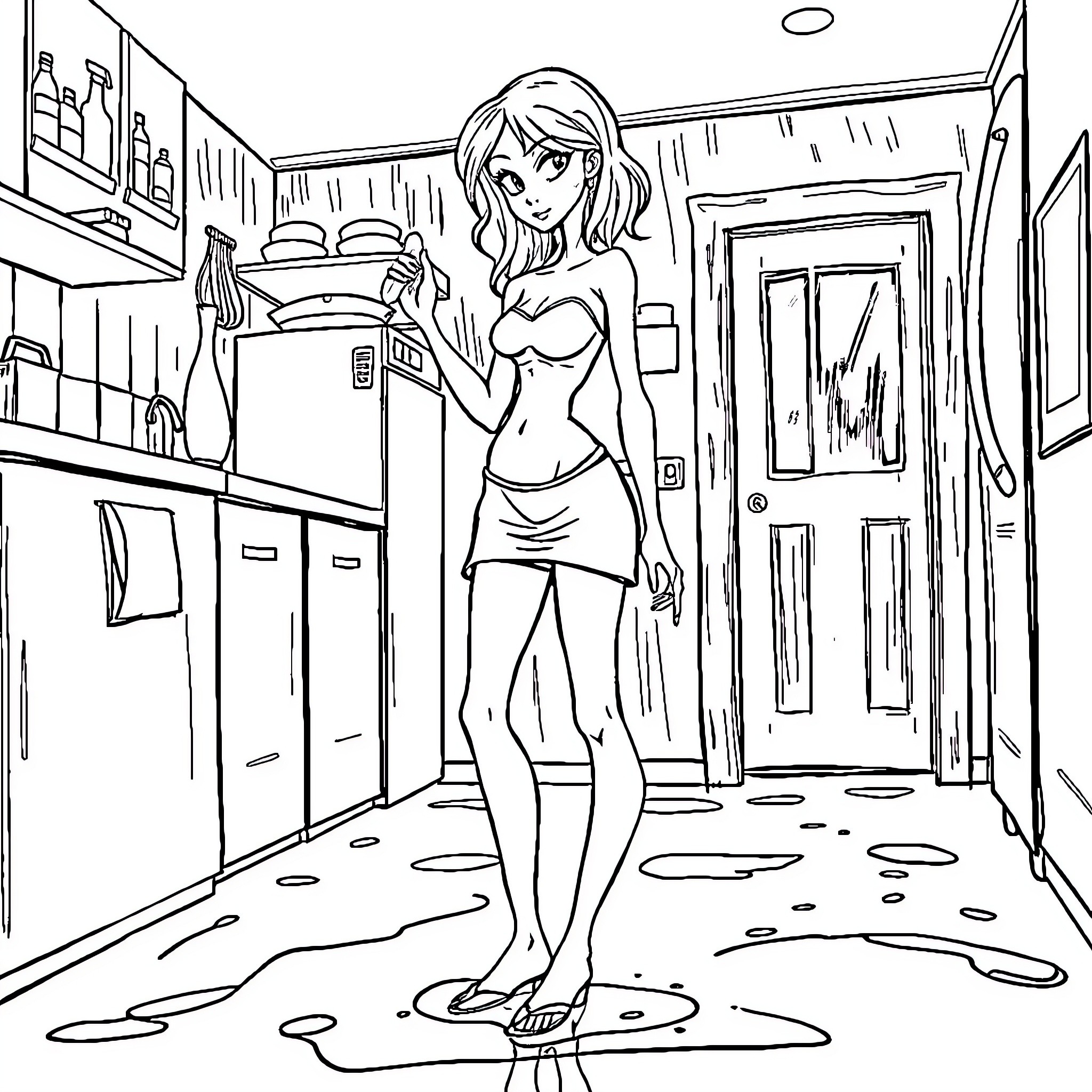 Lady standing in a messy kitchen Coloring Page (free black-and-white line drawing printable PDF for all, from beginners to advanced learners, including children, teens, adults, and seniors)