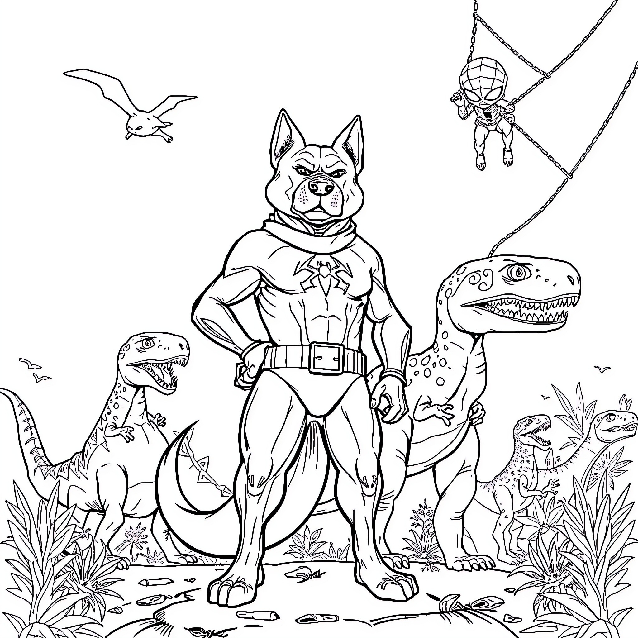 Dogman battles prehistoric creatures in the wild Coloring Page (free black-and-white line drawing printable PDF for all, from beginners to advanced learners, including children, teens, adults, and seniors)