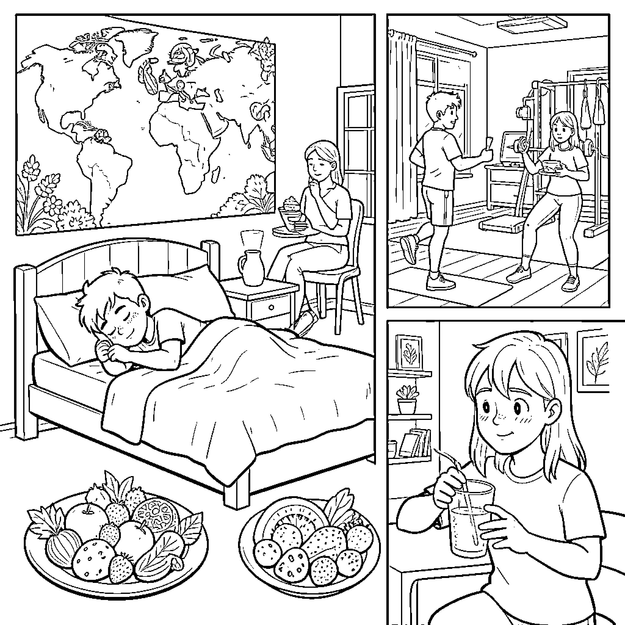 Salud: Diverse Scenes of Daily Life Coloring Page (free black-and-white line drawing printable PDF for all, from beginners to advanced learners, including children, teens, adults, and seniors)