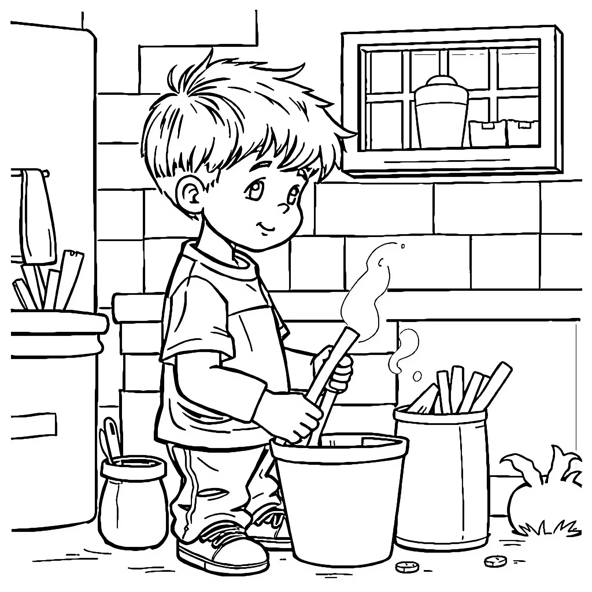 Child helping with household chores in the kitchen Coloring Page (free black-and-white line drawing printable PDF for all, from beginners to advanced learners, including children, teens, adults, and seniors)