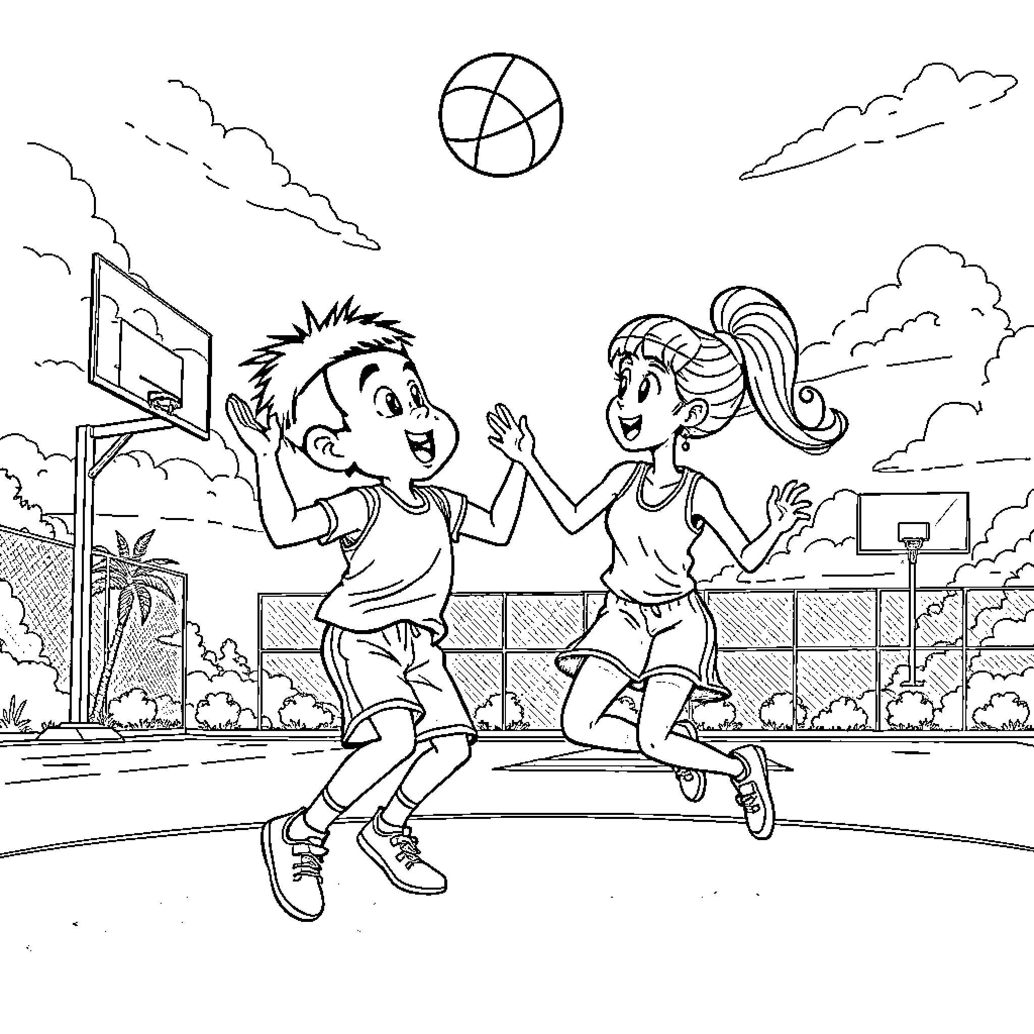 Basketball game with energetic players Coloring Page (free black-and-white line drawing printable PDF for all, from beginners to advanced learners, including children, teens, adults, and seniors)