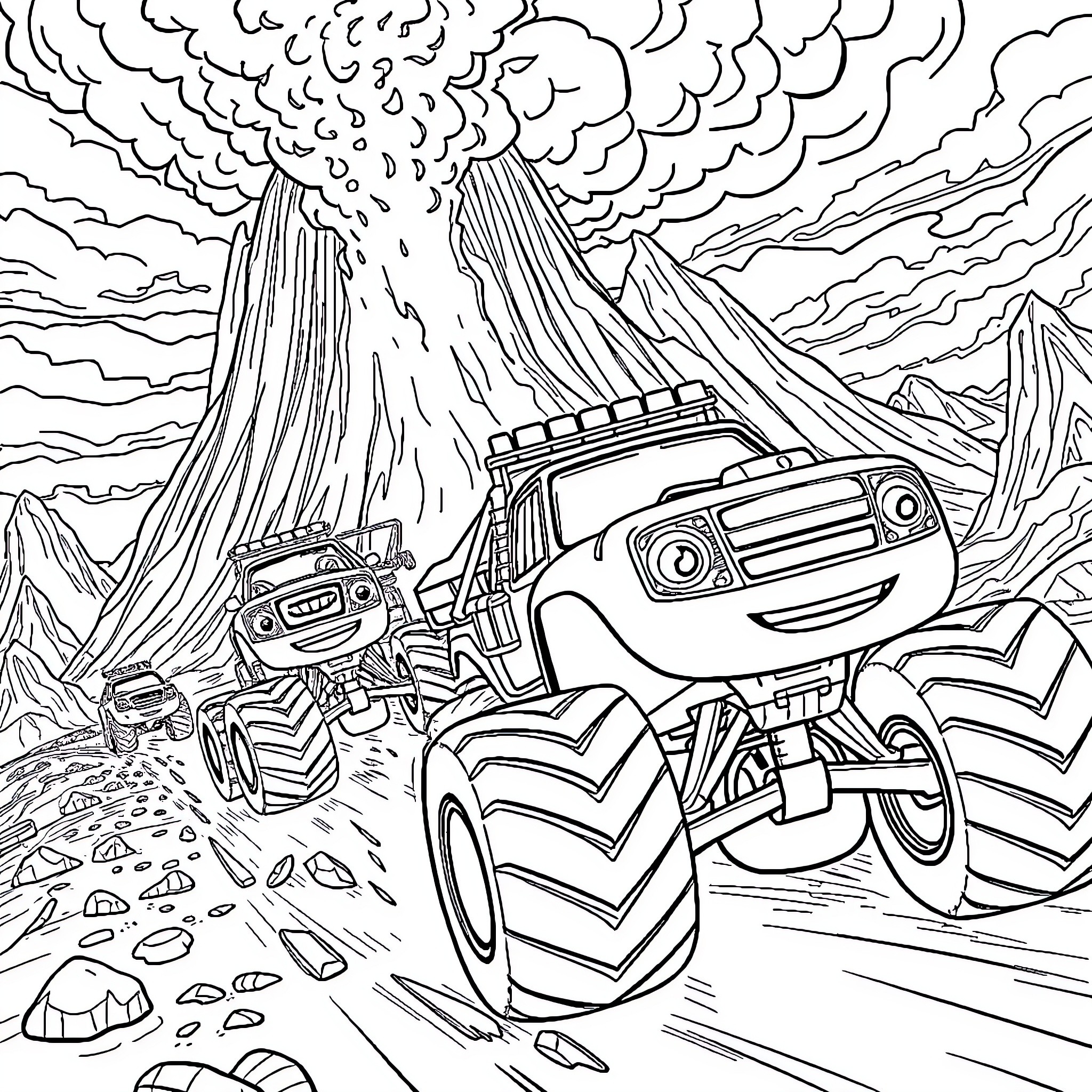 Blaze and his Monster Truck Traversing Volcanic Terrain Coloring Page (free black-and-white line drawing printable PDF for all, from beginners to advanced learners, including children, teens, adults, and seniors)