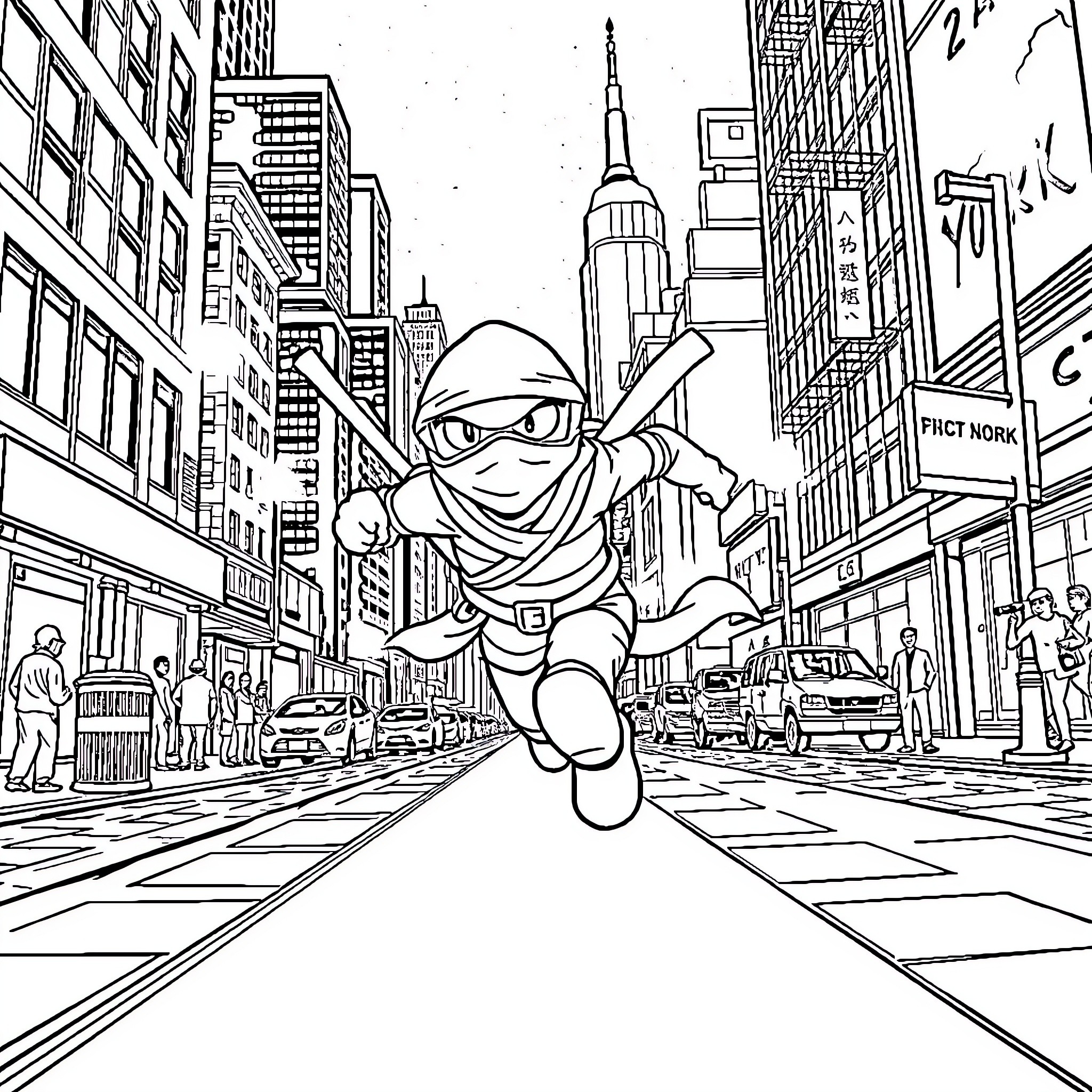 Ninja Turtle rushes through busy city streets Coloring Page (free black-and-white line drawing printable PDF for all, from beginners to advanced learners, including children, teens, adults, and seniors)