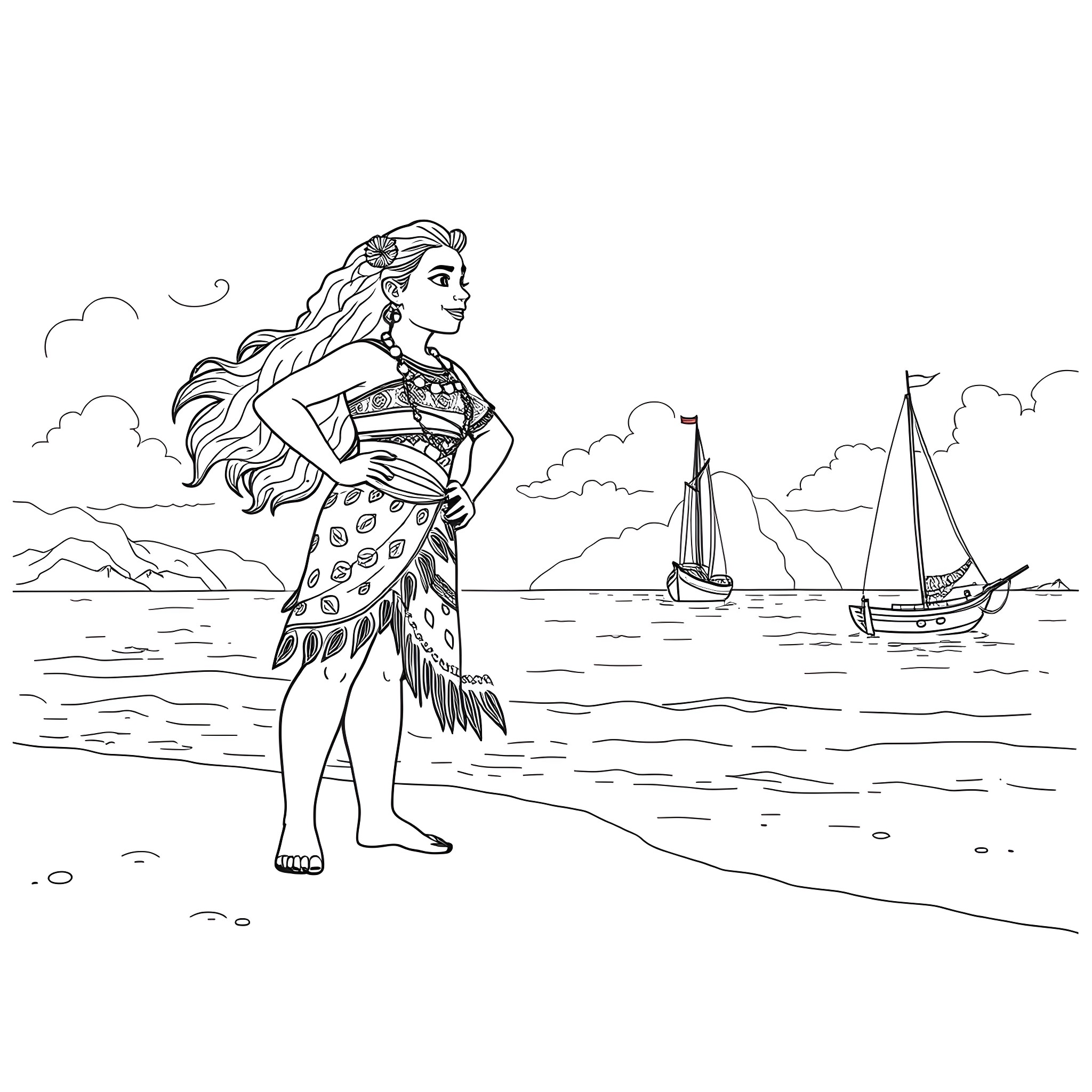 Moana exploring the ocean with sailing ships Coloring Page (free black-and-white line drawing printable PDF for all, from beginners to advanced learners, including children, teens, adults, and seniors)