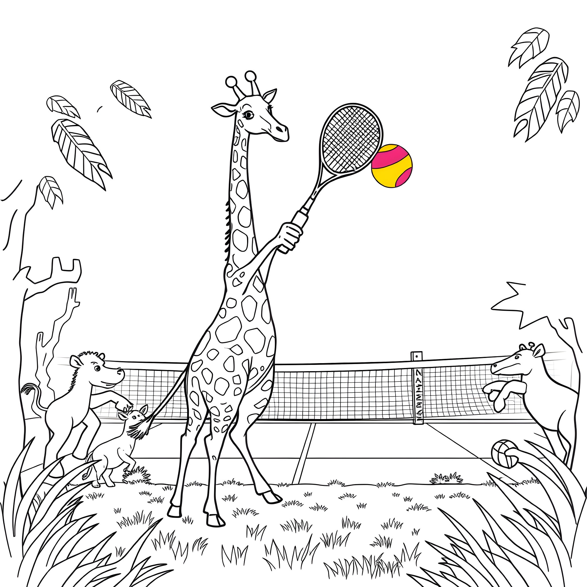 Giraffe playing tennis with animals in nature Coloring Page (free black-and-white line drawing printable PDF for all, from beginners to advanced learners, including children, teens, adults, and seniors)