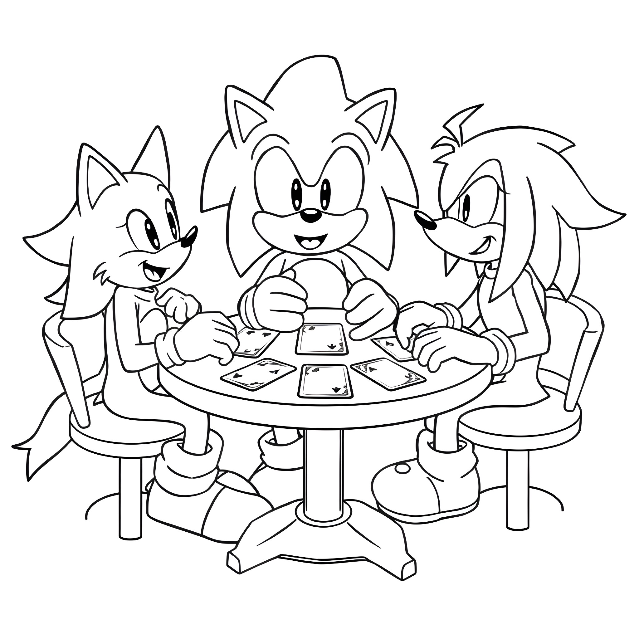 Sonic characters playing together at the table Coloring Page (free black-and-white line drawing printable PDF for all, from beginners to advanced learners, including children, teens, adults, and seniors)