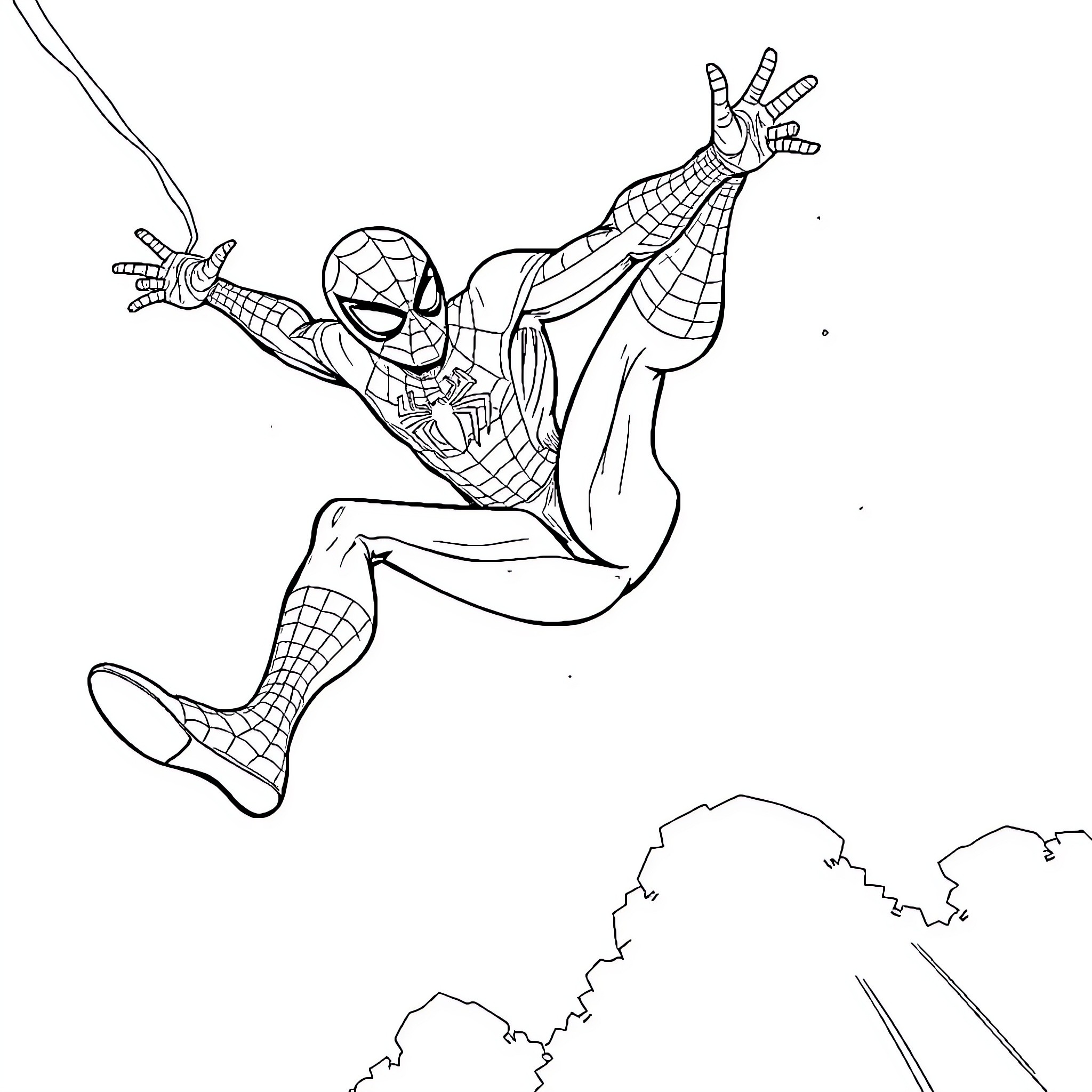 Spiderman swinging heroically through the city Coloring Page (free black-and-white line drawing printable PDF for all, from beginners to advanced learners, including children, teens, adults, and seniors)