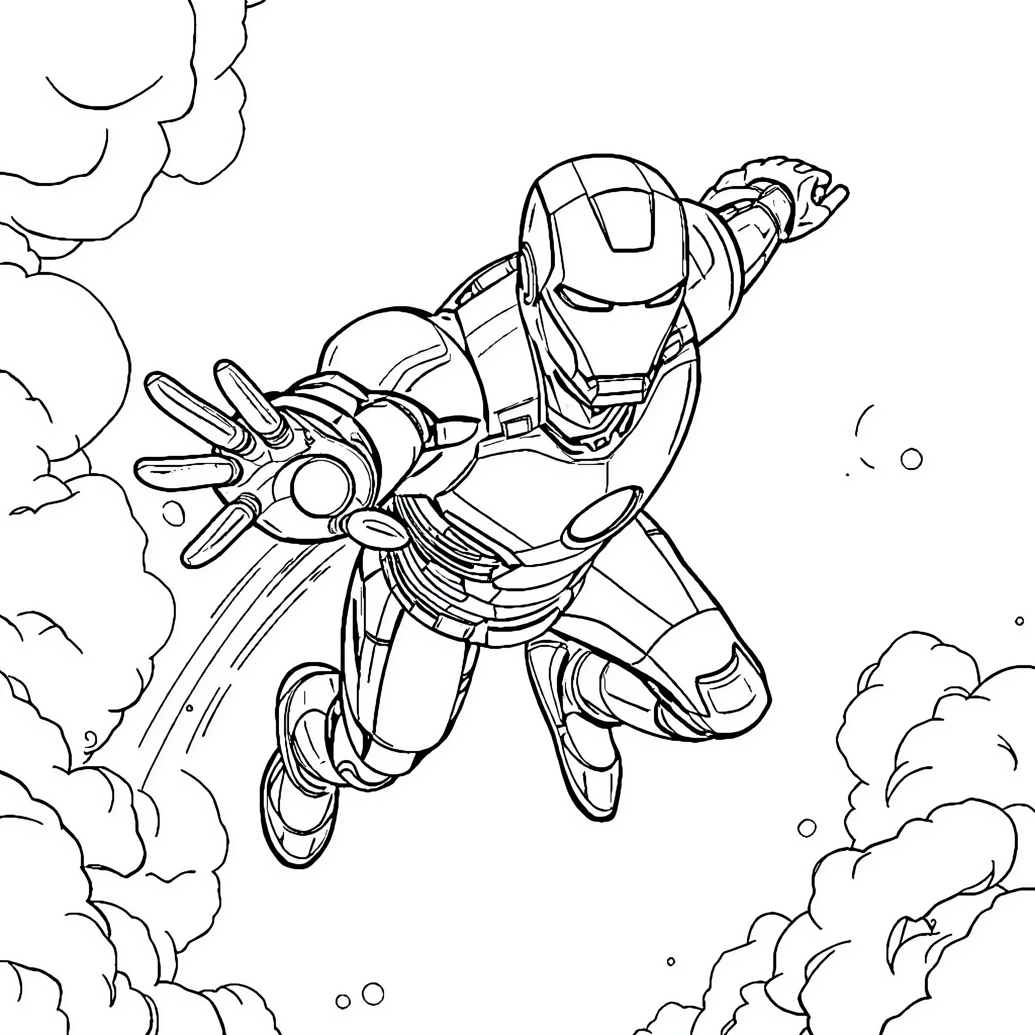 Iron Man soaring through the sky in action Coloring Page (free black-and-white line drawing printable PDF for all, from beginners to advanced learners, including children, teens, adults, and seniors)