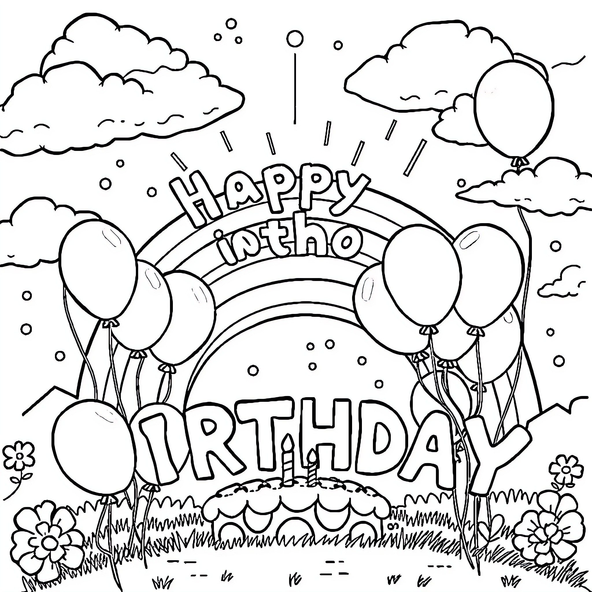 Birthday celebration with balloons and rainbows Coloring Page (free black-and-white line drawing printable PDF for all, from beginners to advanced learners, including children, teens, adults, and seniors)