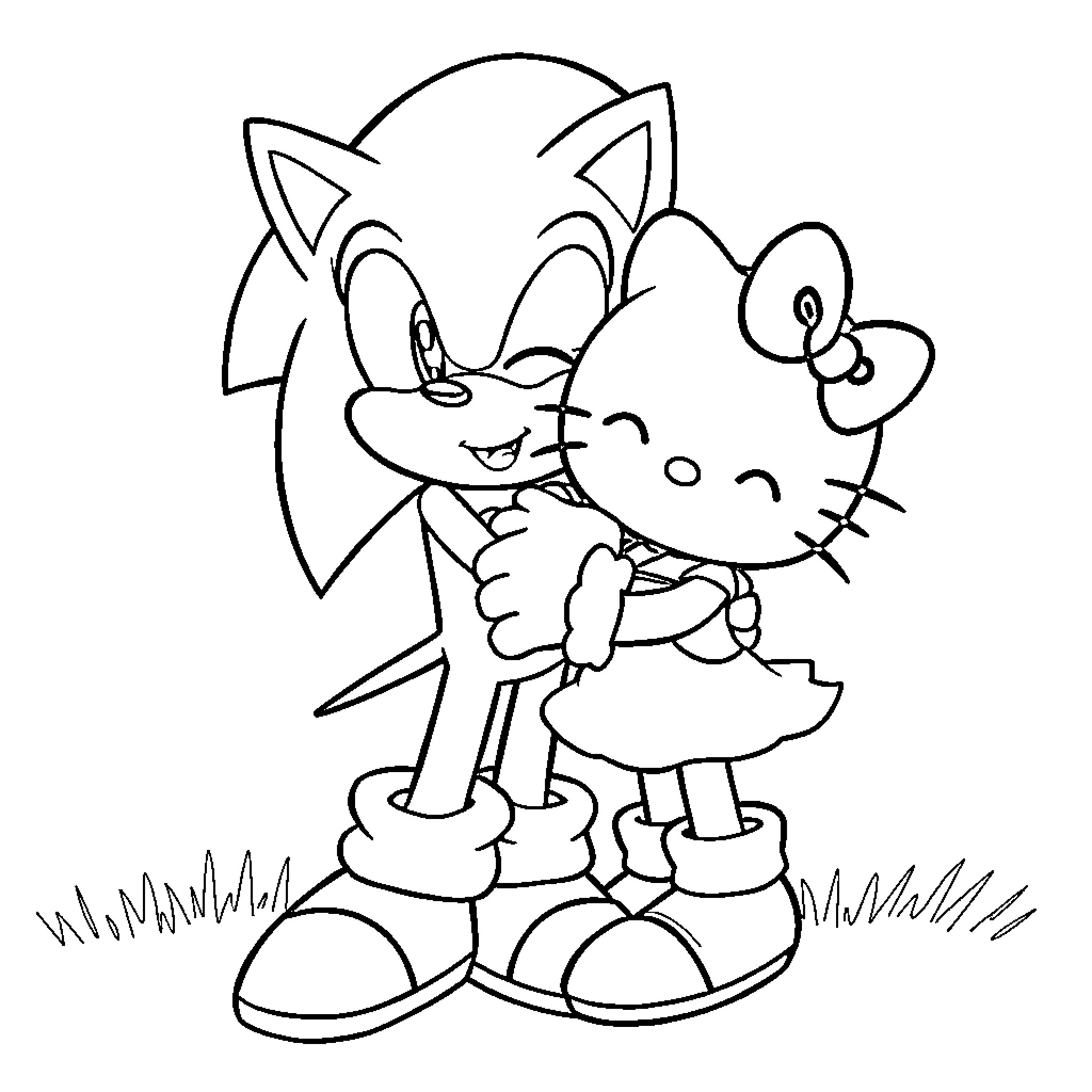 Sonic and his friendly feline companion Coloring Page (free black-and-white line drawing printable PDF for all, from beginners to advanced learners, including children, teens, adults, and seniors)