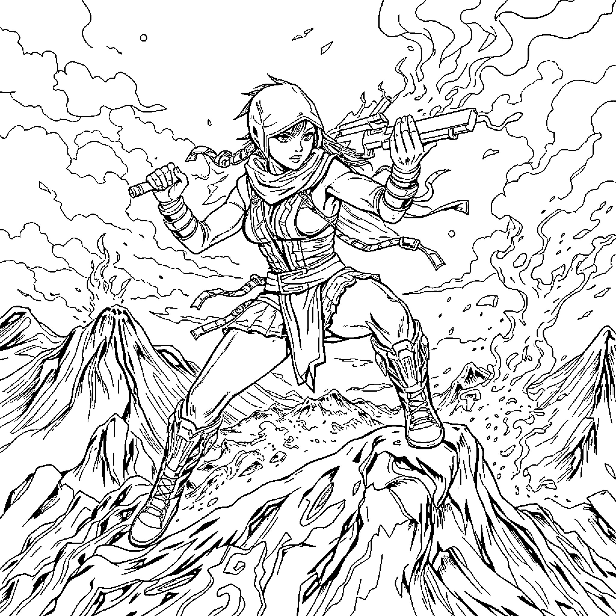Girl warrior fighting with futuristic weapons in a rugged landscape Coloring Page (free black-and-white line drawing printable PDF for all, from beginners to advanced learners, including children, teens, adults, and seniors)