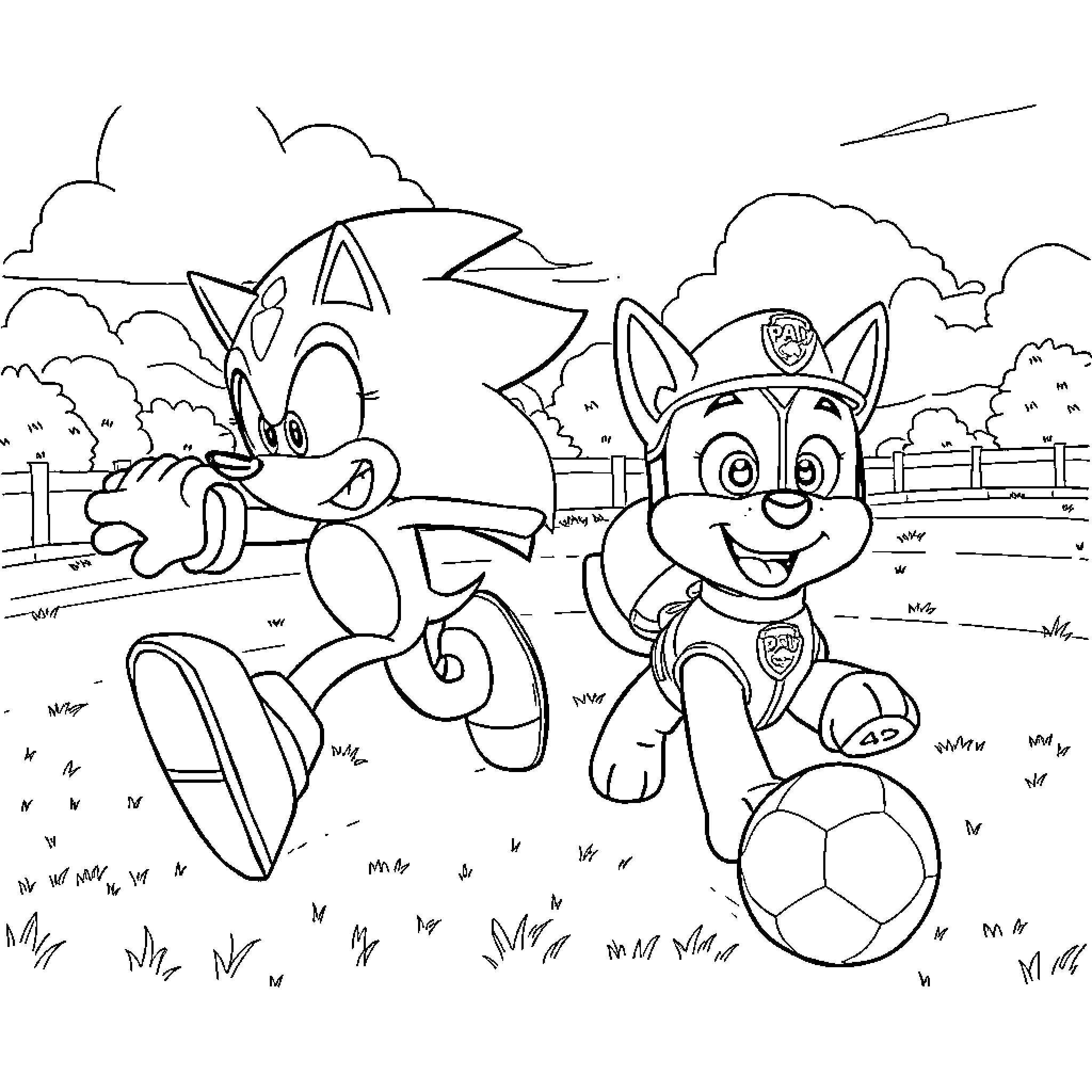 Sonic and Paw Patrol Character Playing Together in the Park Coloring Page (free black-and-white line drawing printable PDF for all, from beginners to advanced learners, including children, teens, adults, and seniors)
