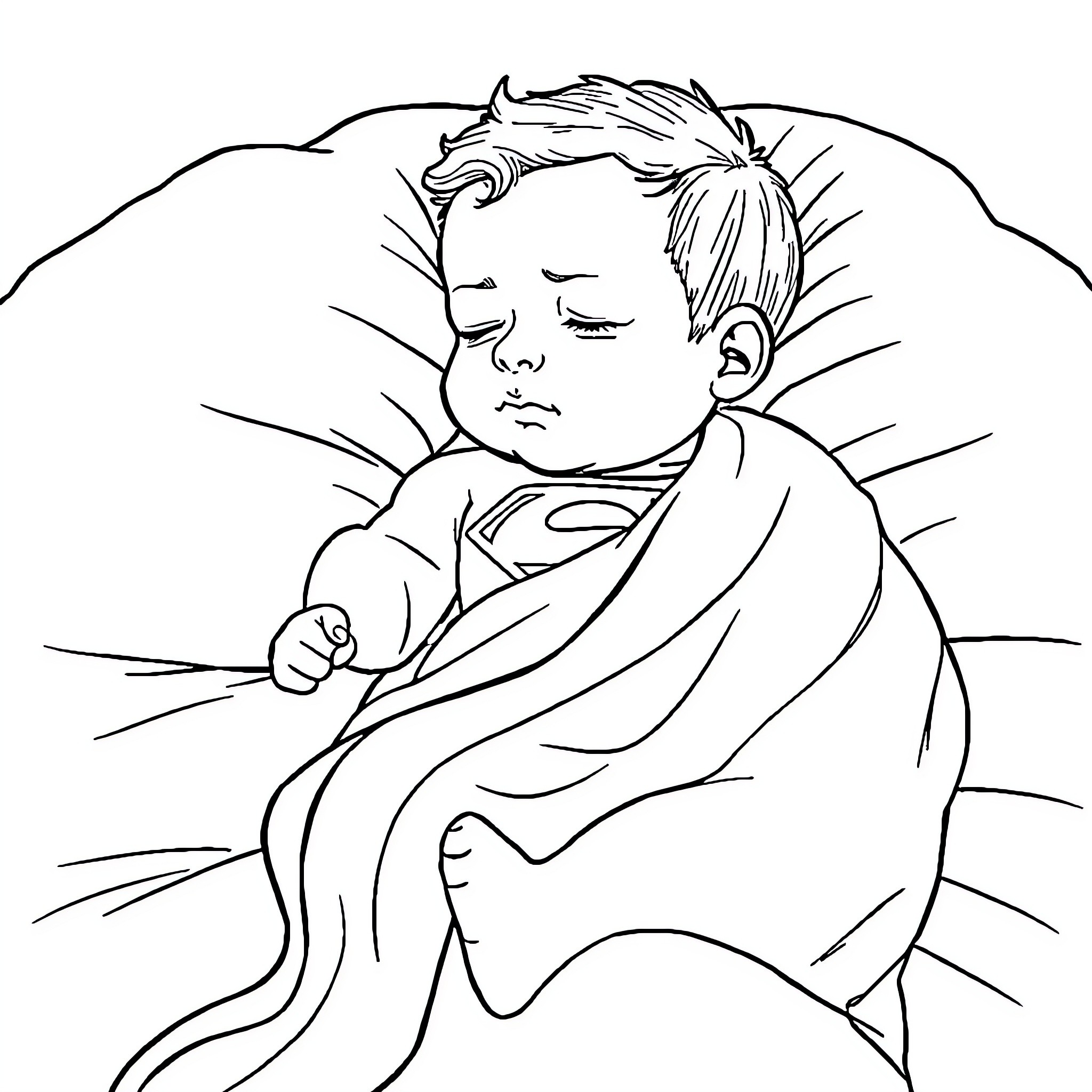 Superman sleeping peacefully in bed Coloring Page (free black-and-white line drawing printable PDF for all, from beginners to advanced learners, including children, teens, adults, and seniors)