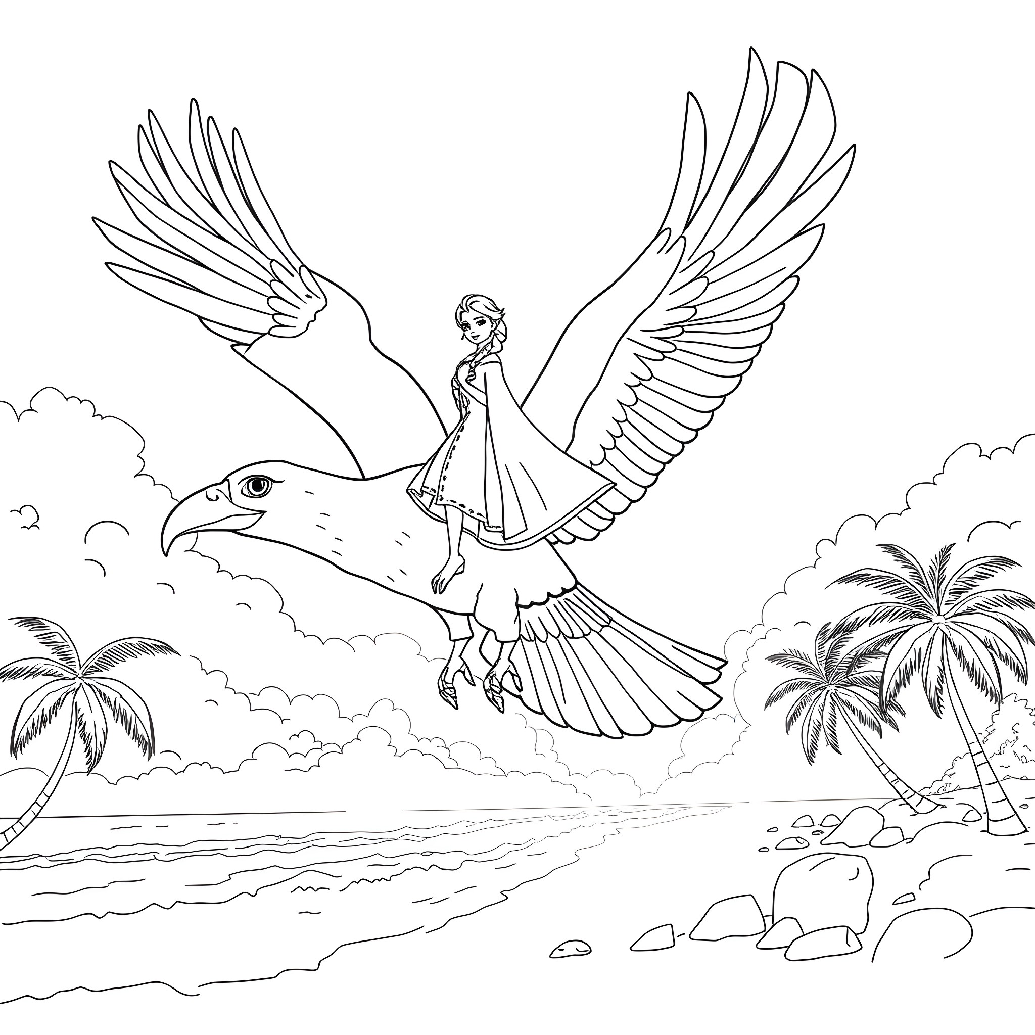 Anna and Elsa soaring on a magical bird over a tropical beach Coloring Page (free black-and-white line drawing printable PDF for all, from beginners to advanced learners, including children, teens, adults, and seniors)