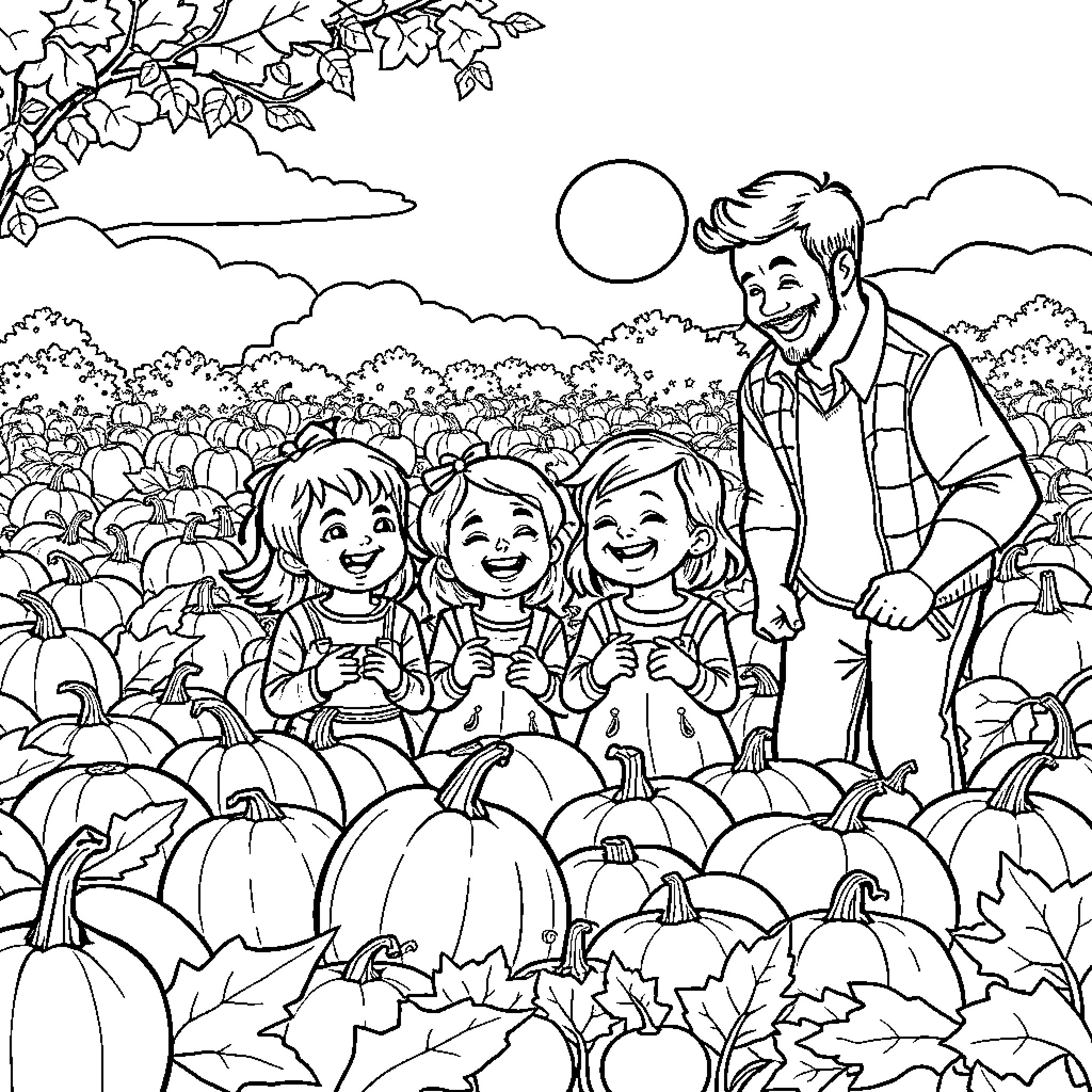 Kid playing in the pumpkin patch with family Coloring Page (free black-and-white line drawing printable PDF for all, from beginners to advanced learners, including children, teens, adults, and seniors)