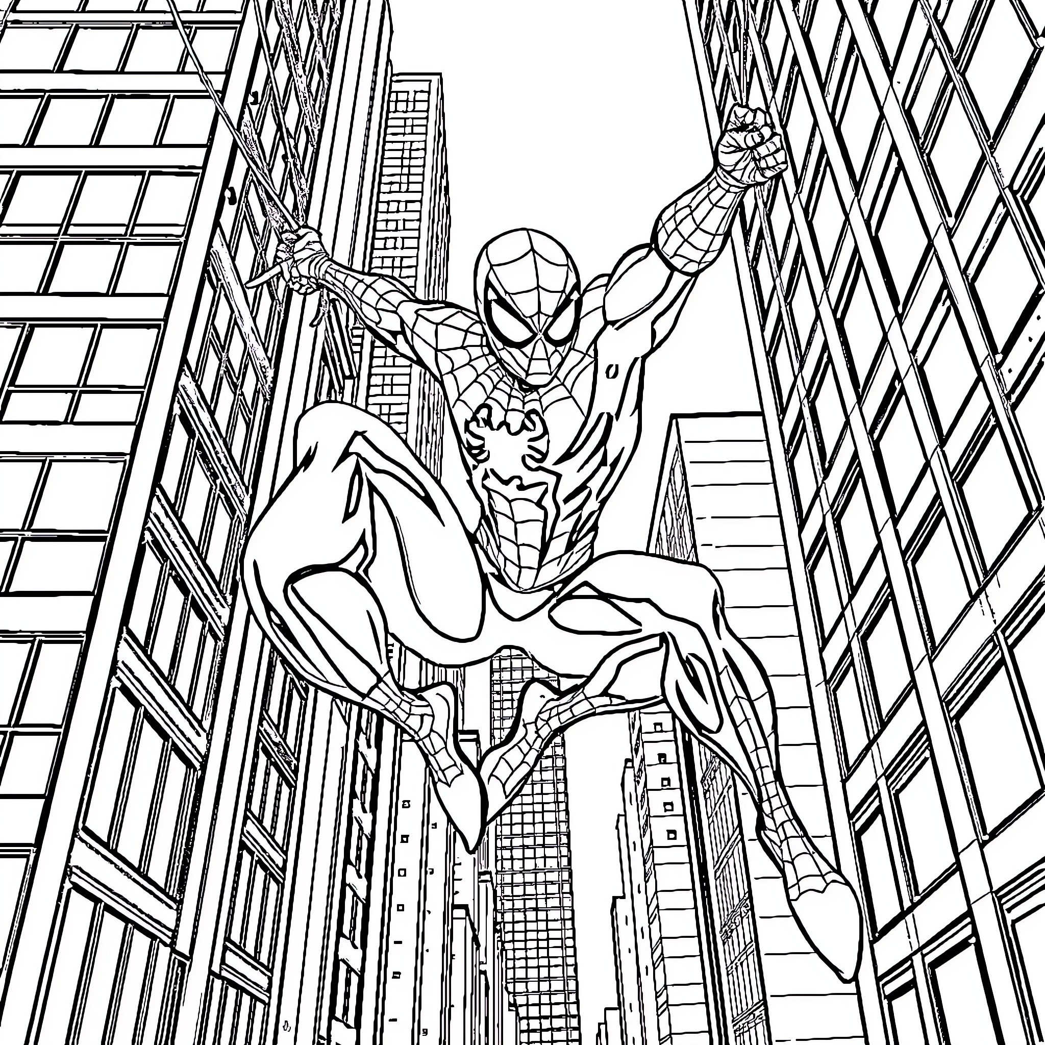 Spiderman swinging through the city skyline Coloring Page (free black-and-white line drawing printable PDF for all, from beginners to advanced learners, including children, teens, adults, and seniors)