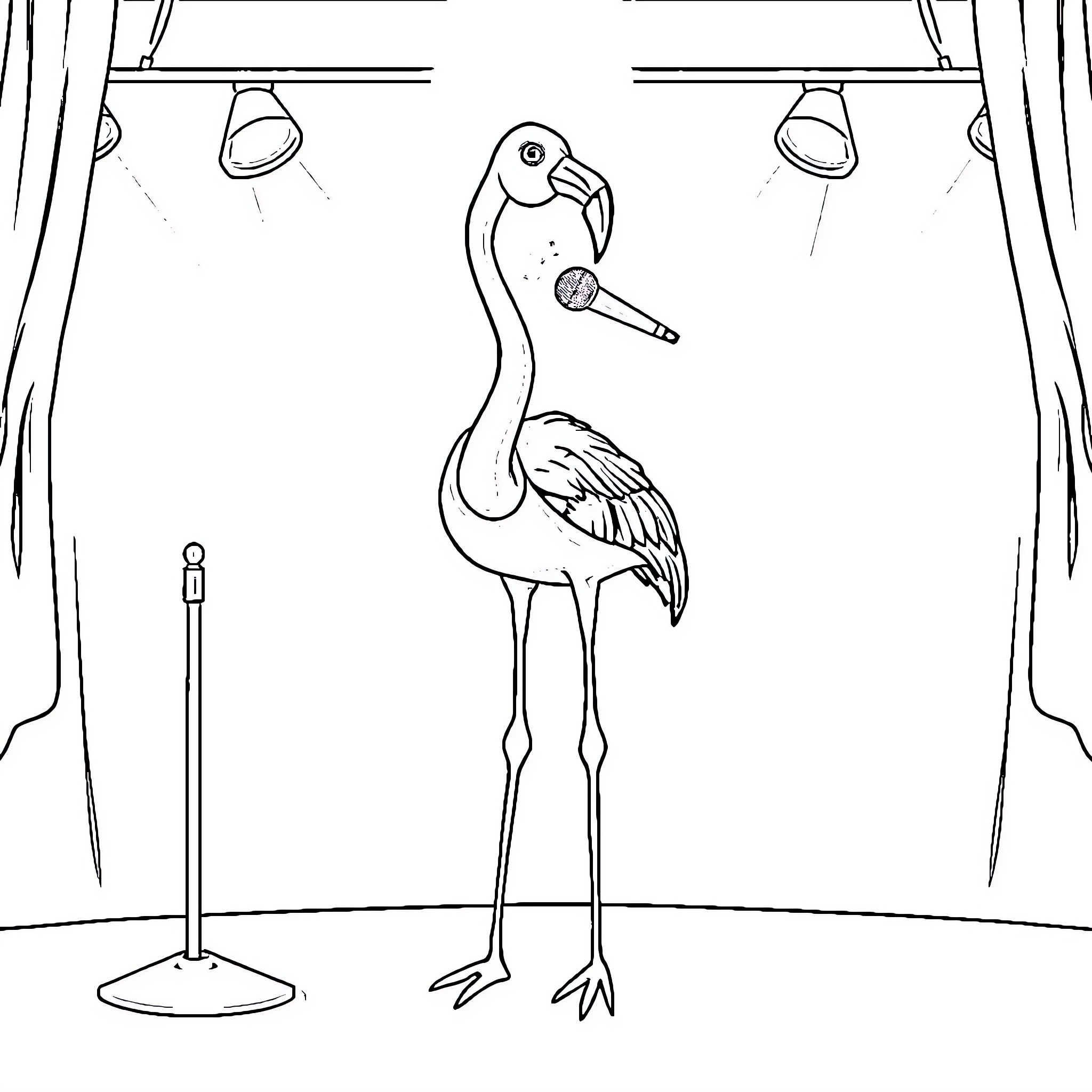 Flamingo performing on stage Coloring Page (free black-and-white line drawing printable PDF for all, from beginners to advanced learners, including children, teens, adults, and seniors)