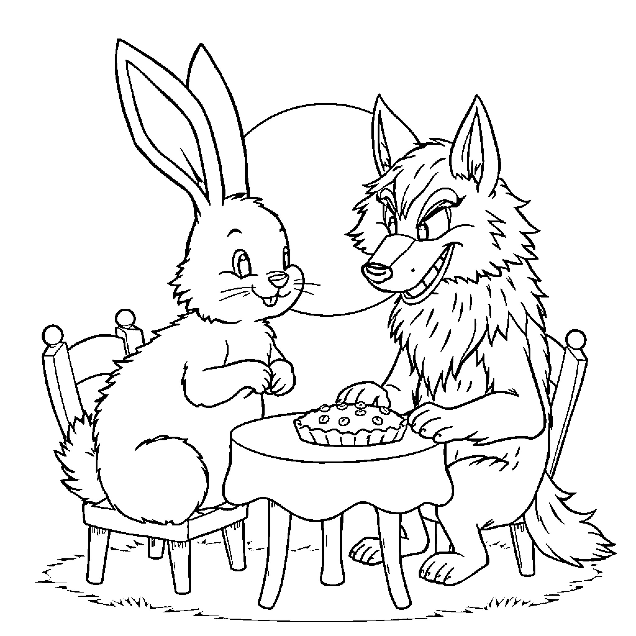 Bunny Sharing Treat with Friendly Wolf Coloring Page (free black-and-white line drawing printable PDF for all, from beginners to advanced learners, including children, teens, adults, and seniors)