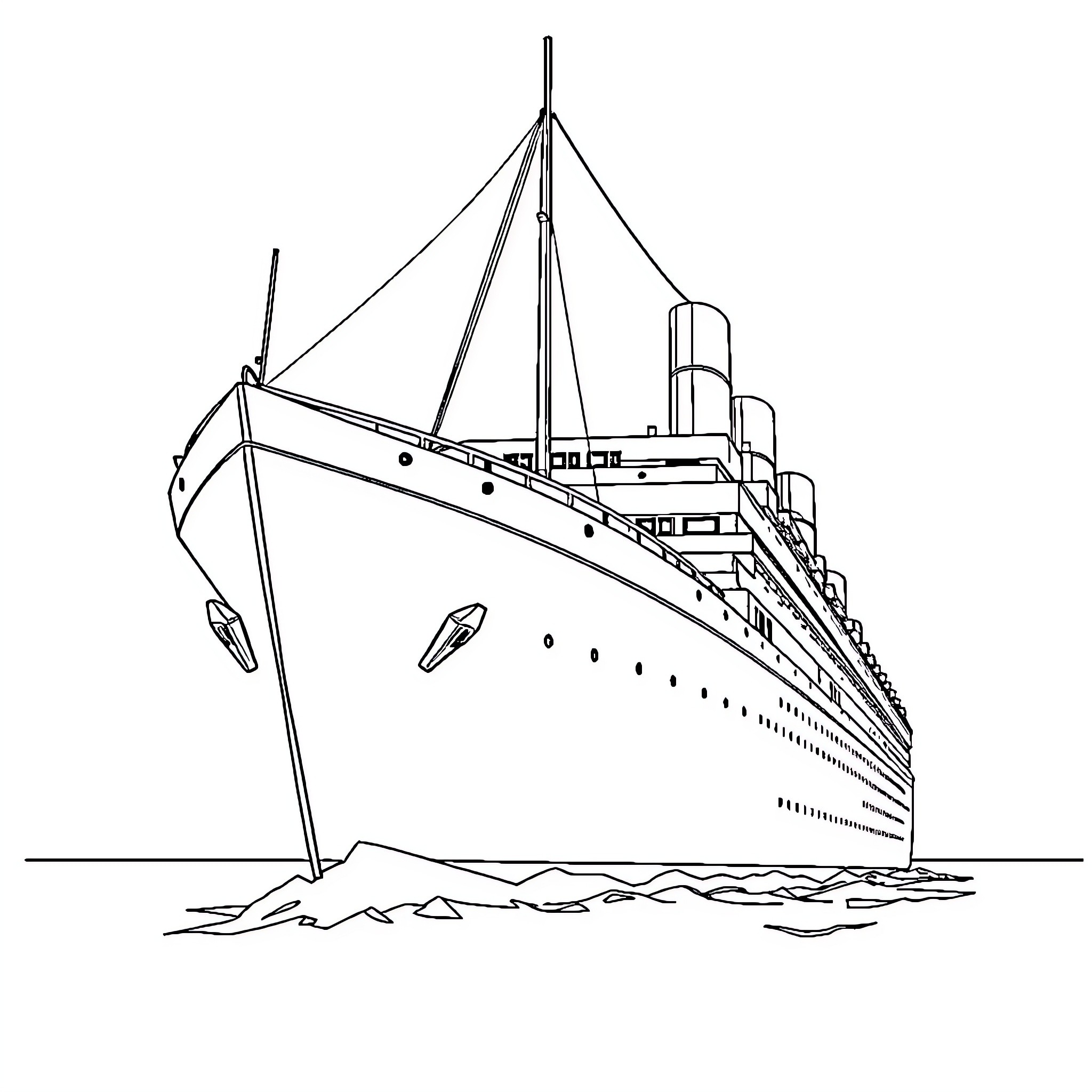 Titanic ship sailing majestically on the ocean Coloring Page (free black-and-white line drawing printable PDF for all, from beginners to advanced learners, including children, teens, adults, and seniors)