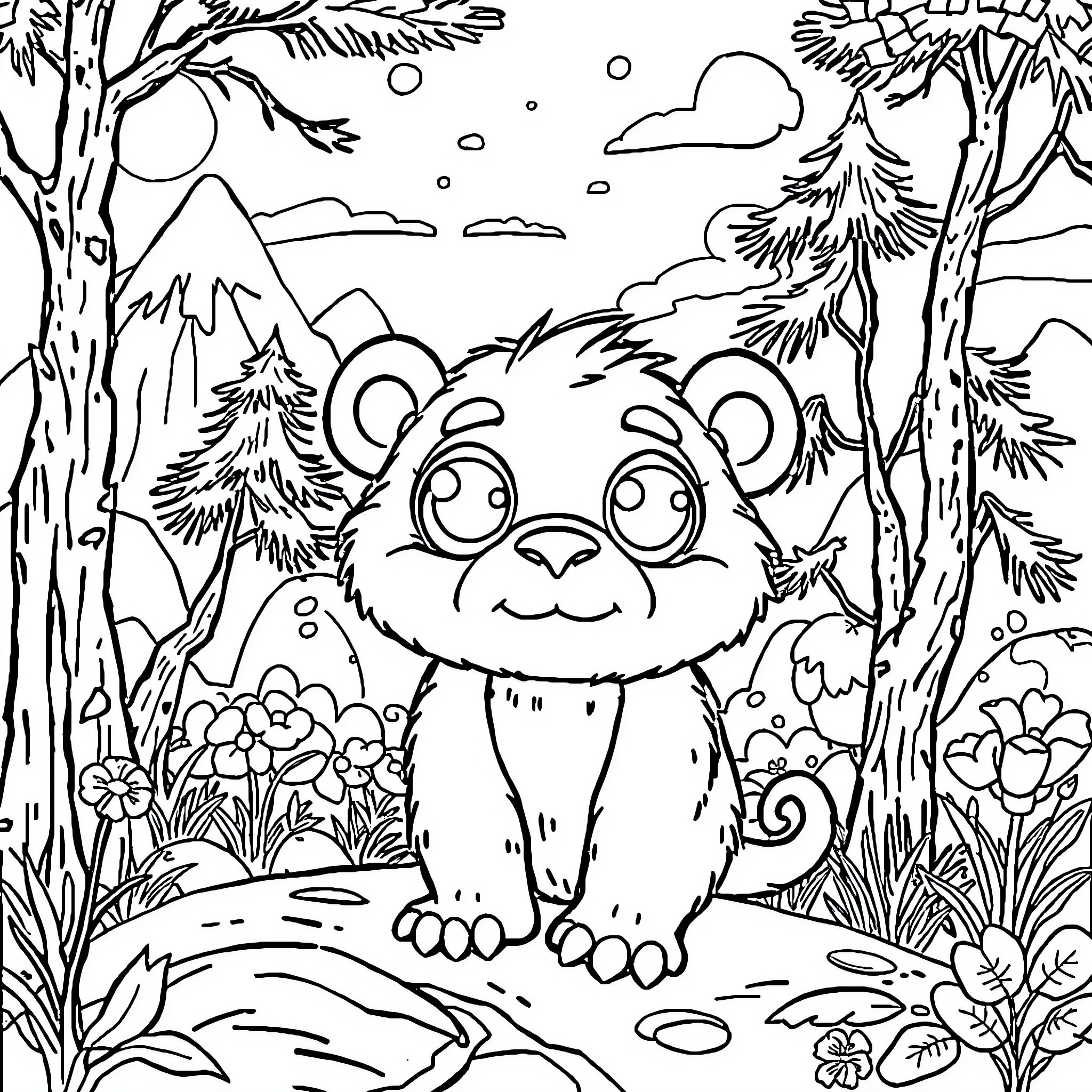 Monstre Panda exploring enchanted forest Coloring Page (free black-and-white line drawing printable PDF for all, from beginners to advanced learners, including children, teens, adults, and seniors)