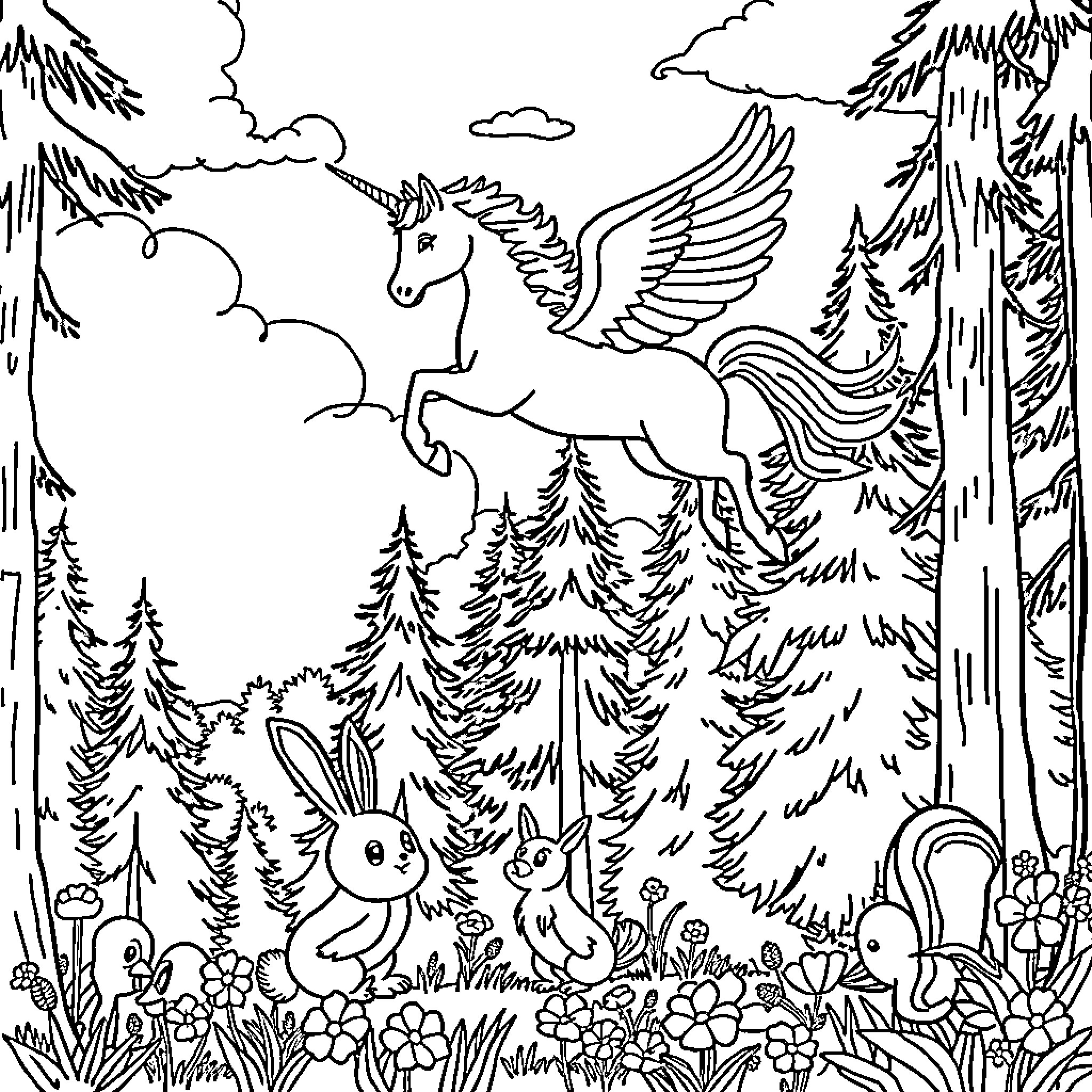 Unicorn soaring above enchanted forest with playful rabbits Coloring Page (free black-and-white line drawing printable PDF for all, from beginners to advanced learners, including children, teens, adults, and seniors)