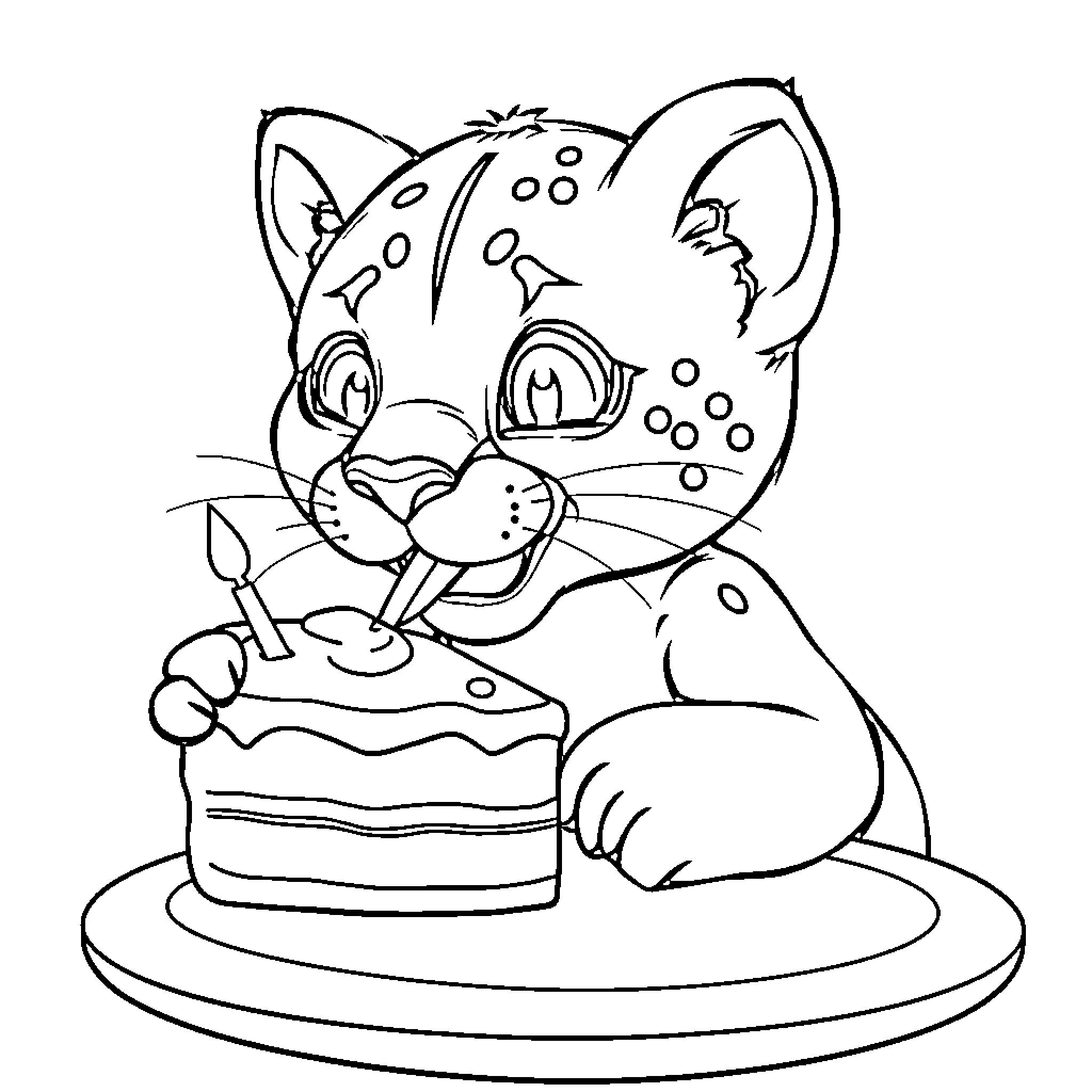 Panther enjoying a birthday cake Coloring Page (free black-and-white line drawing printable PDF for all, from beginners to advanced learners, including children, teens, adults, and seniors)