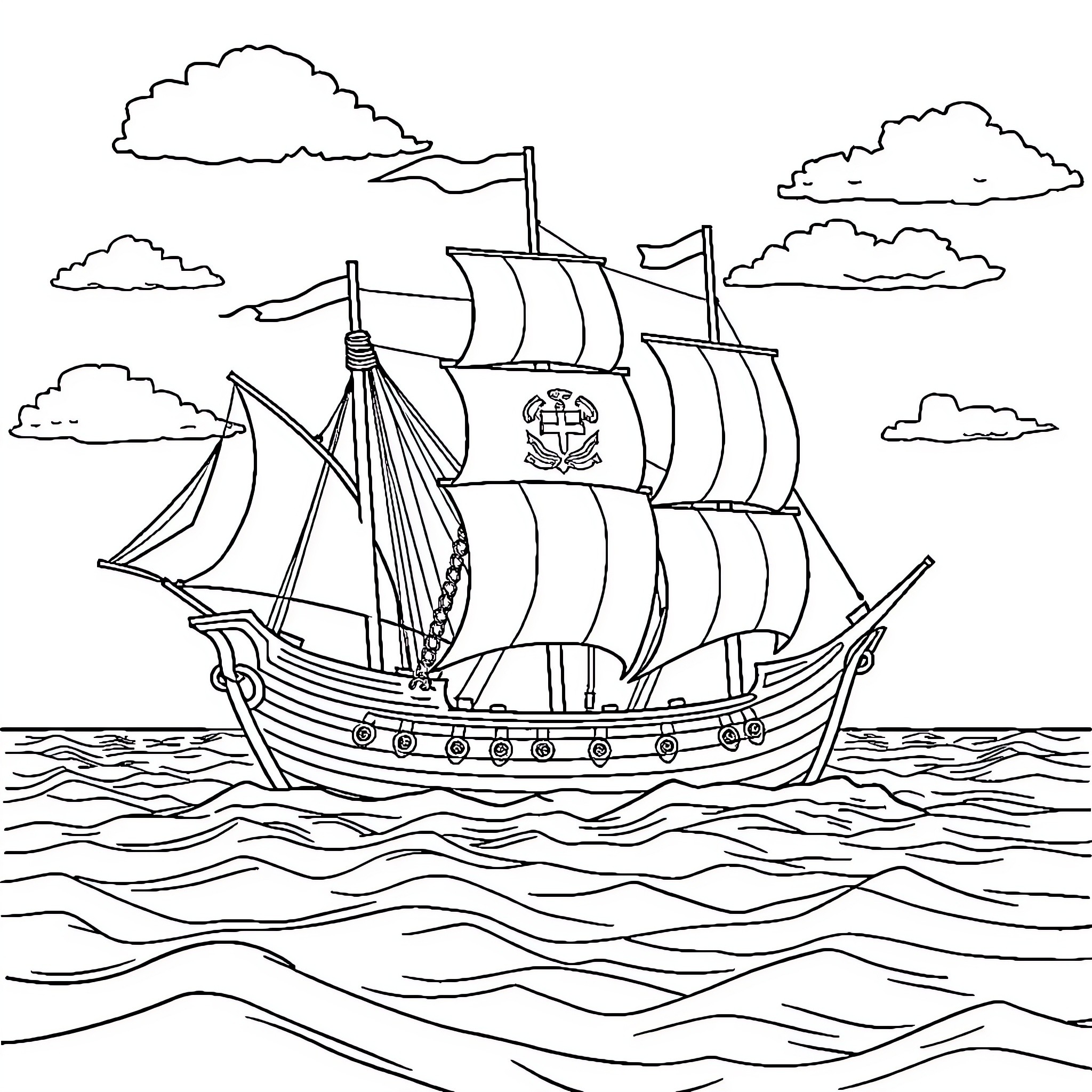 Santa Maria Ship Sailing on the High Seas Coloring Page (free black-and-white line drawing printable PDF for all, from beginners to advanced learners, including children, teens, adults, and seniors)