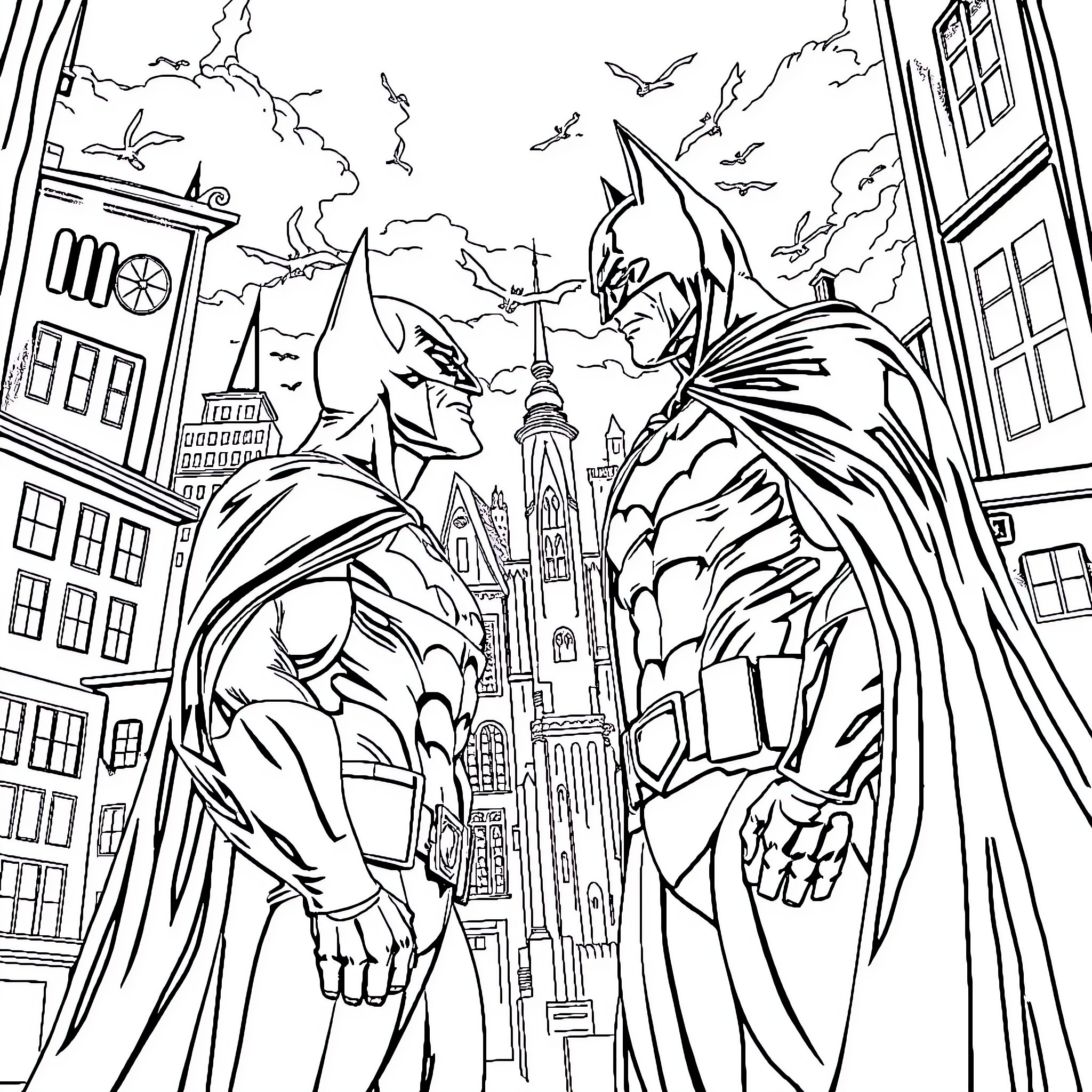 Batman and Sidekick Surveying Gotham City Skyline Coloring Page (free black-and-white line drawing printable PDF for all, from beginners to advanced learners, including children, teens, adults, and seniors)