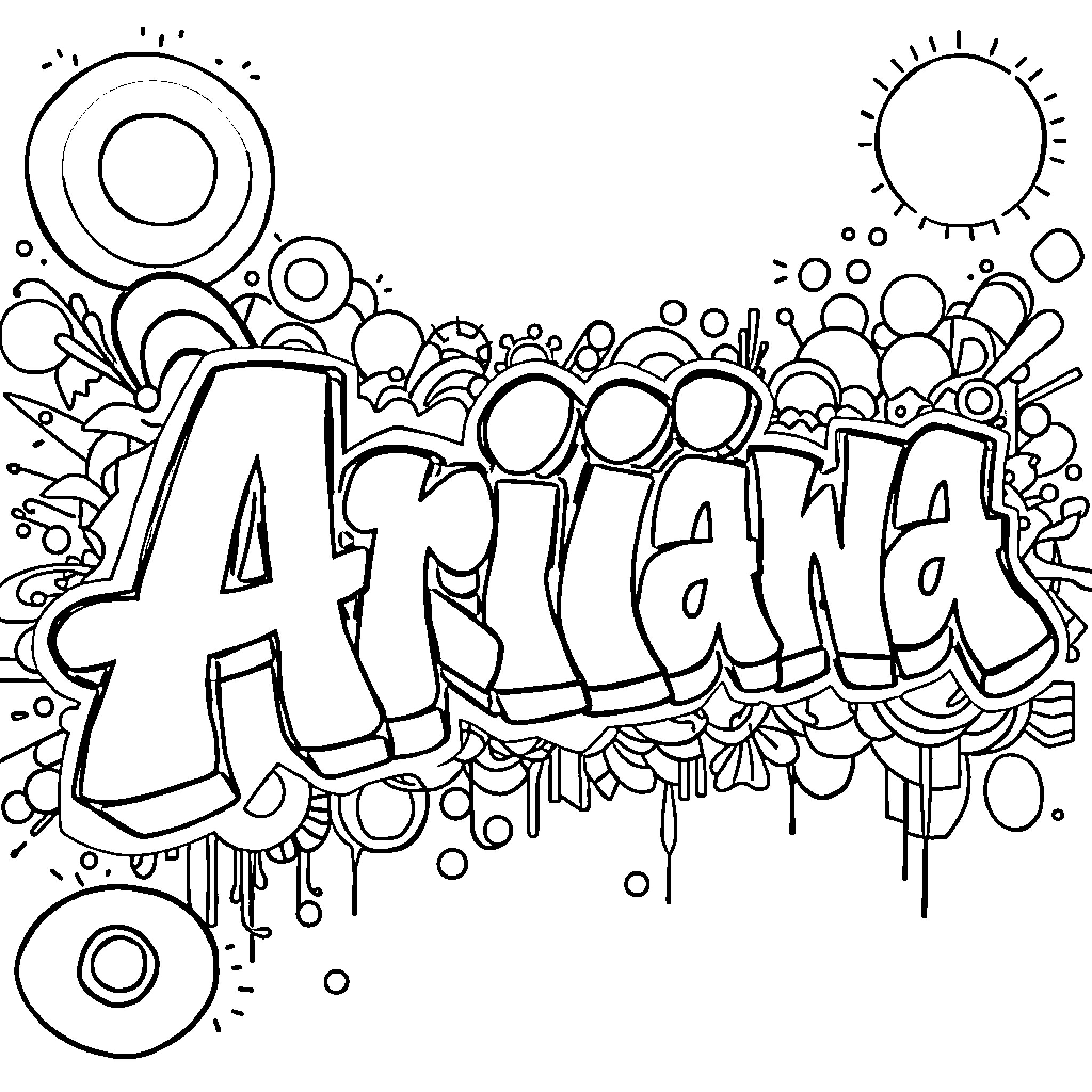 Ariana's Vibrant Doodle World Coloring Page (free black-and-white line drawing printable PDF for all, from beginners to advanced learners, including children, teens, adults, and seniors)
