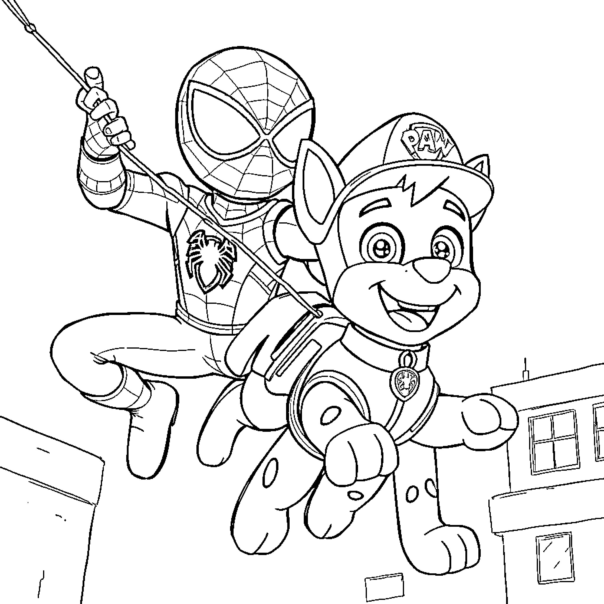 Ruben the Superhero and His Canine Companion Coloring Page (free black-and-white line drawing printable PDF for all, from beginners to advanced learners, including children, teens, adults, and seniors)